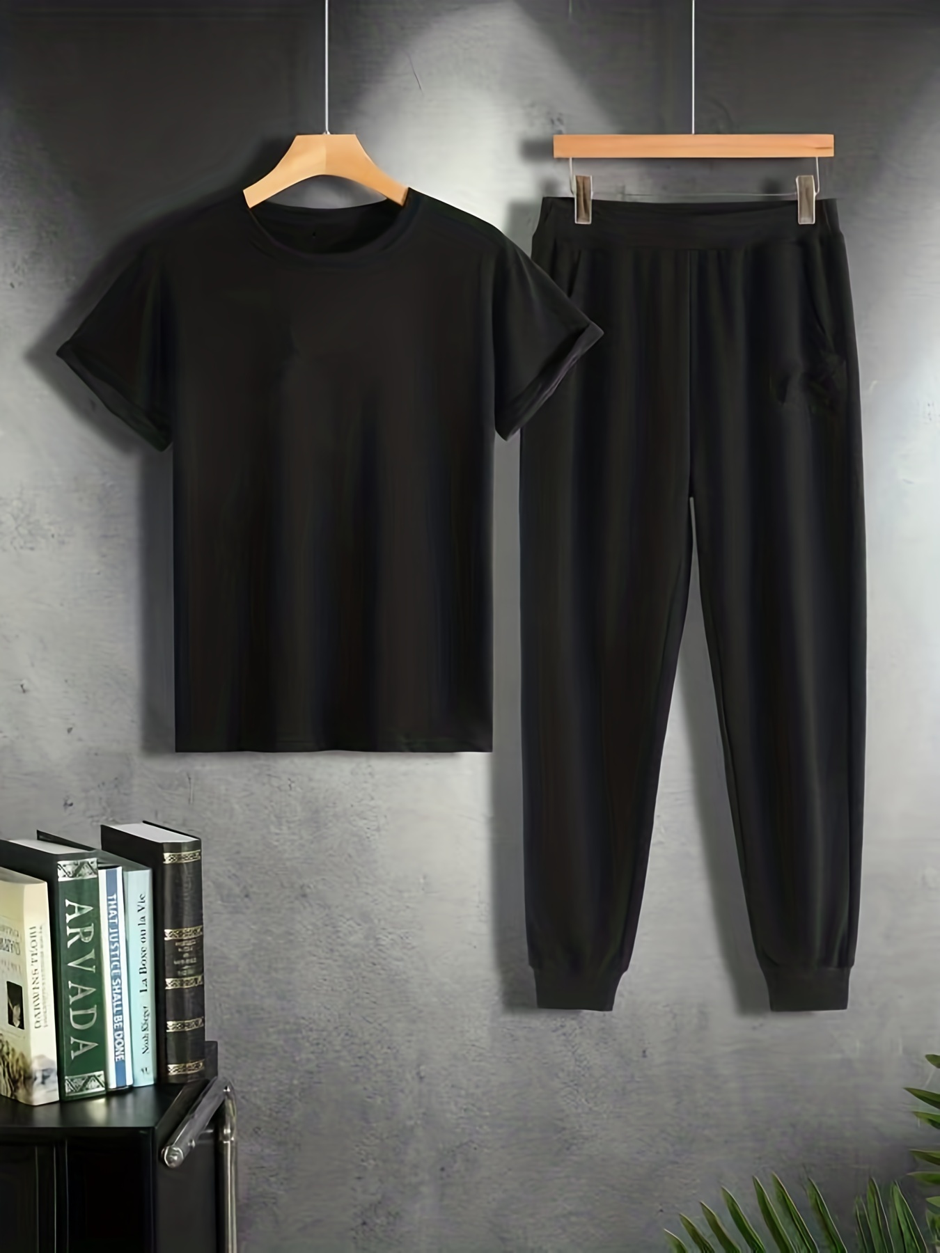 mens solid color casual pajamas set loose short sleeve crew neck t shirt top drawstring trousers with pockets comfortable loungewear sleepwear set