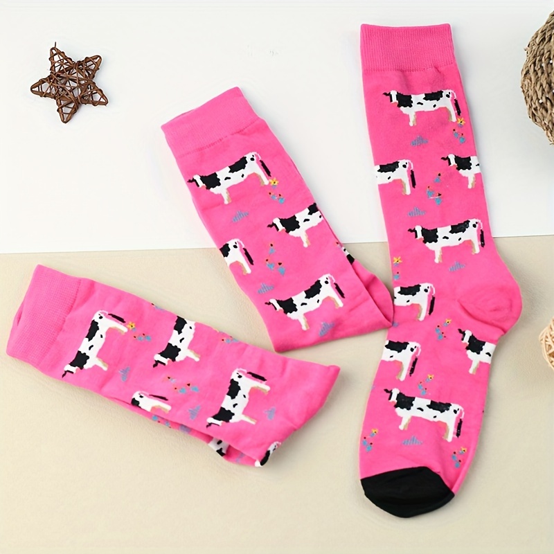 

1/2/3 Pairs Cartoon Cow Print Socks, Comfy & Cute Mid Tube Socks, Women's Stockings & Hosiery