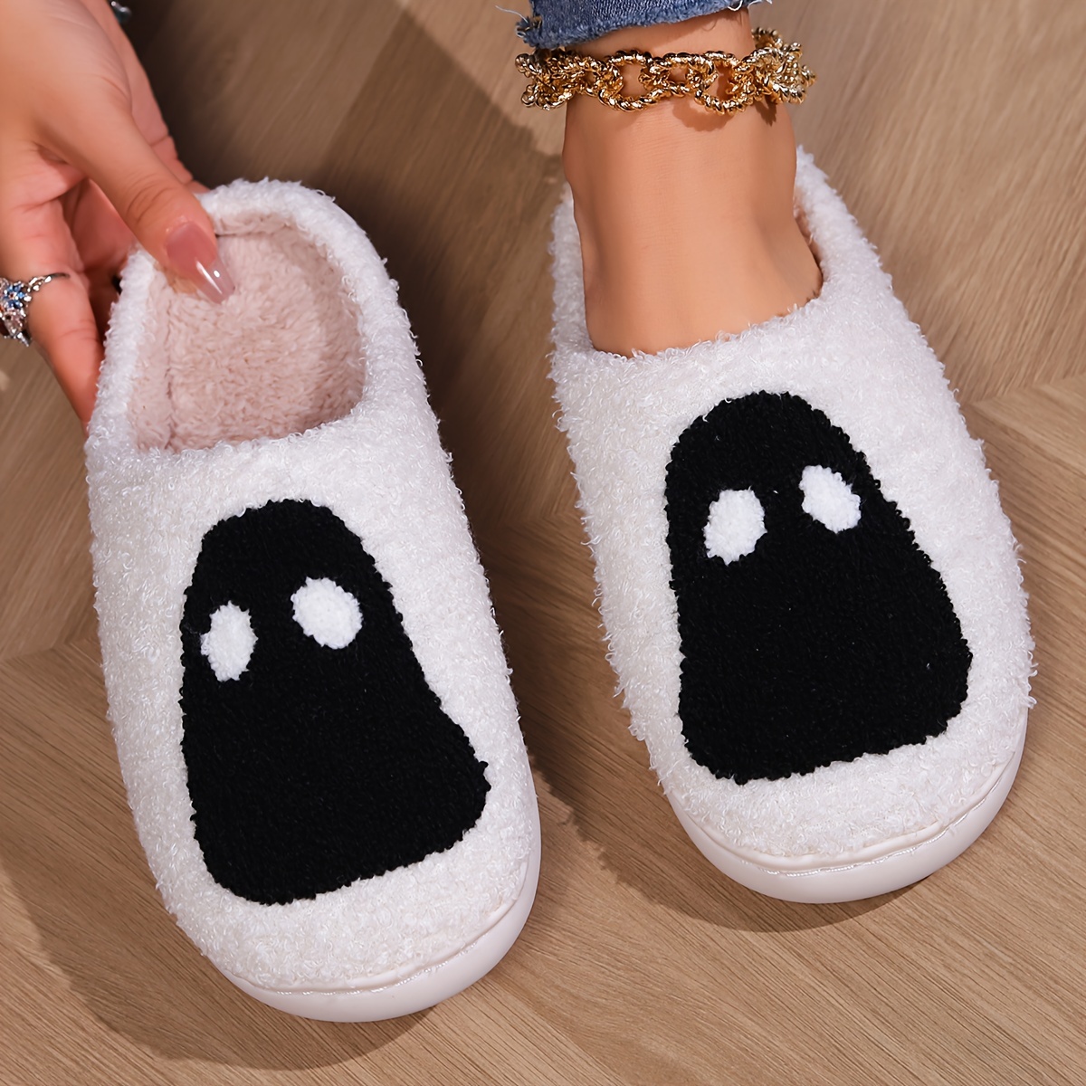 halloween skull ghost pattern plush slippers closed toe soft details 9