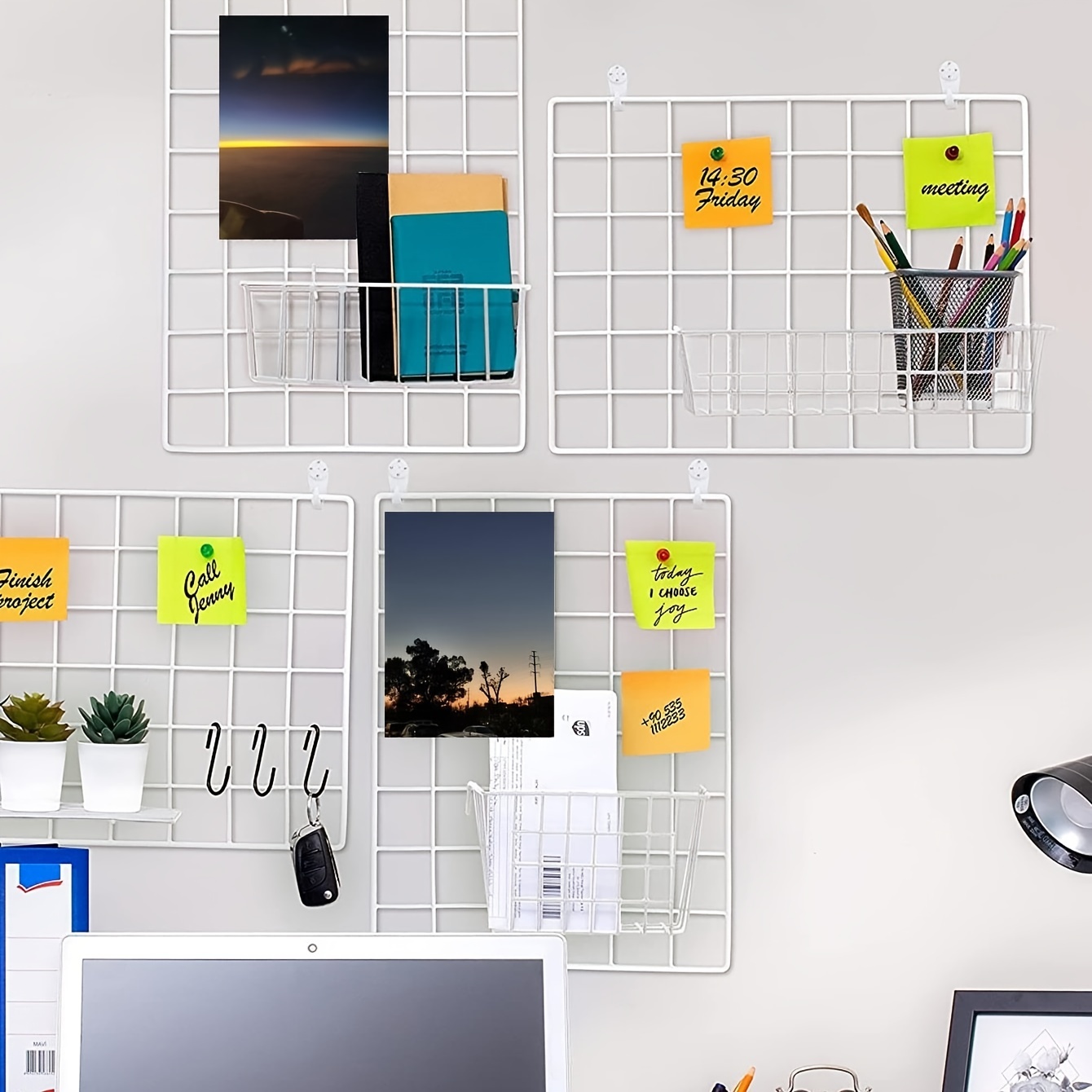  JOVONE Panel de rejilla de pared para exhibición de fotos,  organizador decorativo de almacenamiento de escritorio para oficina,  estudio, tablero de notas, tamaño 17.6 x 11.9 pulgadas, paquete de 2  (dorado) 