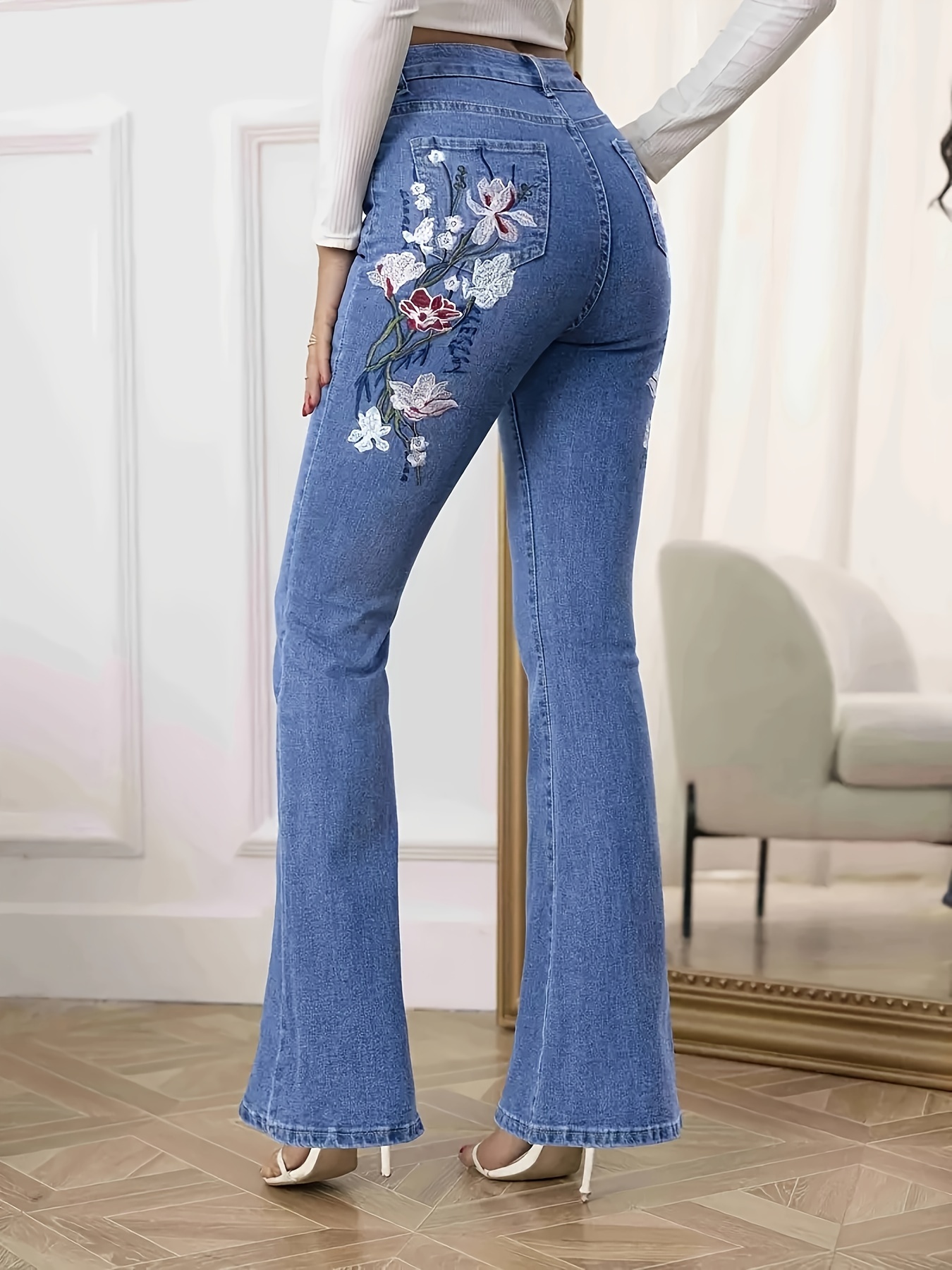 Women's Chic Floral Embroidered High-Rise Bell Bottom Flare Jeans Blue  XS~3XL