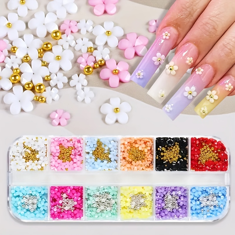 3D Flower Nail Charms, 2 Boxes 3D Acrylic Flower Nail Art Rhinestones White  Pink