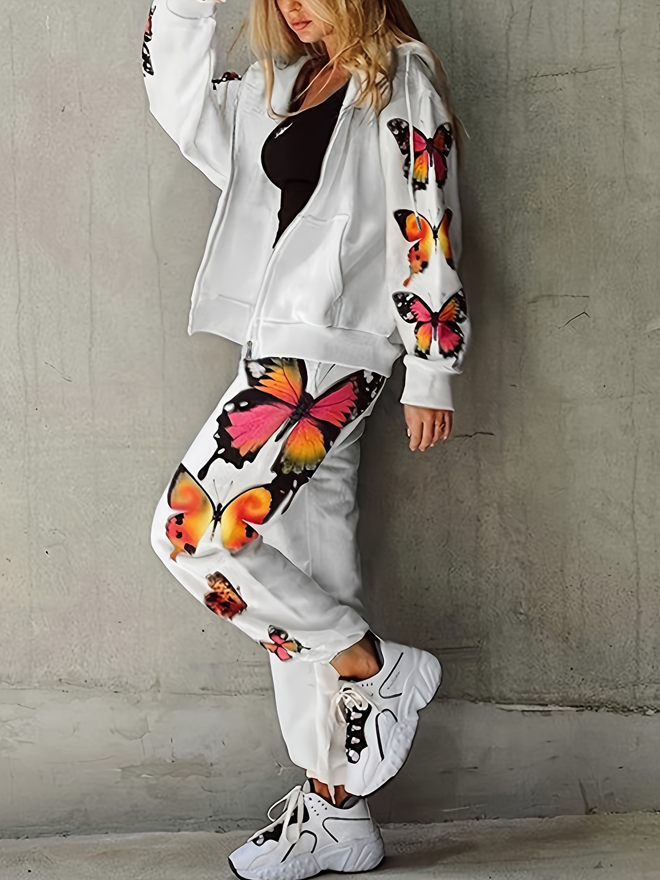 Casual Butterfly Print Two-piece Set, Zip Up Kangaroo Pocket Hoodie &  Drawstring Pants Outfits, Women's Clothing