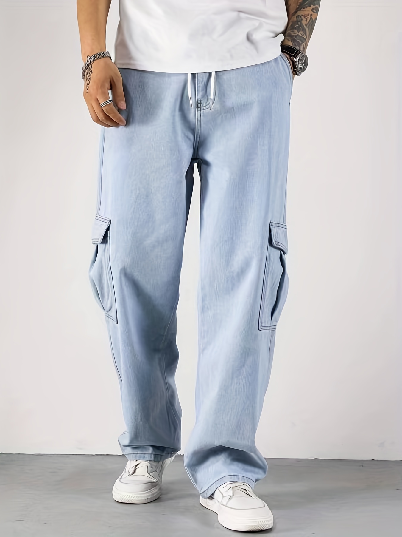 Pantalones De Mezclilla Cargo De Tiro Alto Con Lavado Ligero, Jeans Cargo  Sueltos De Estilo Urbano Con Múltiples Bolsillos, Jeans Y Ropa De Mezclilla