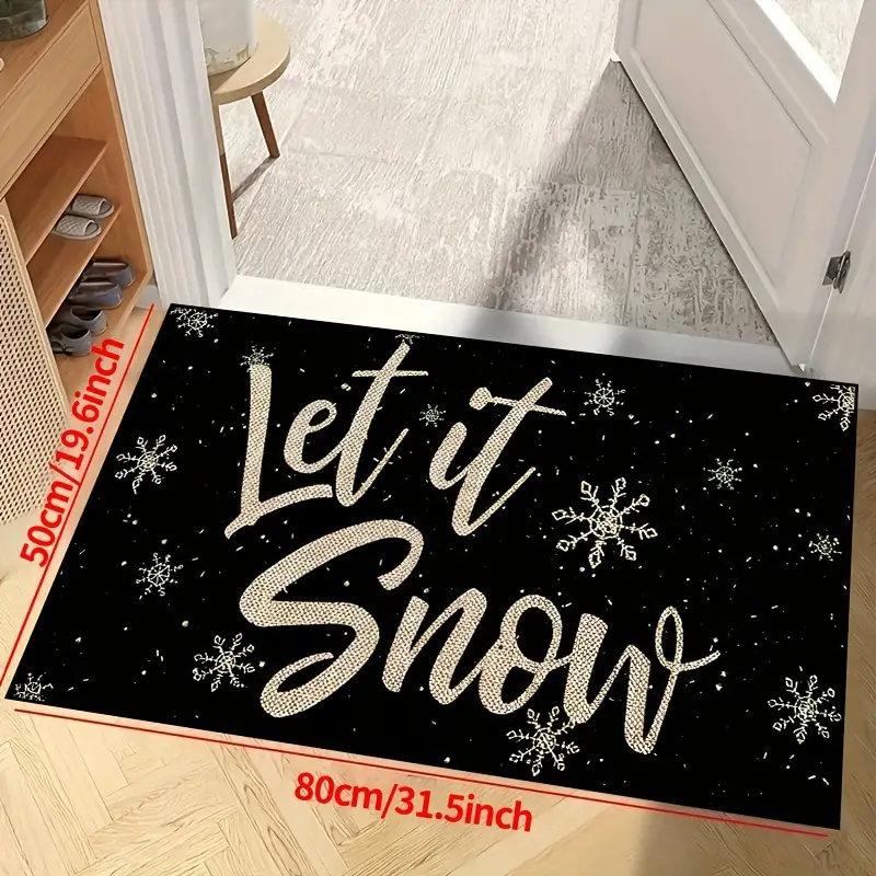 Christmas Rug, 'let It Snow' Snowflakes Black Door Mat, Indoor