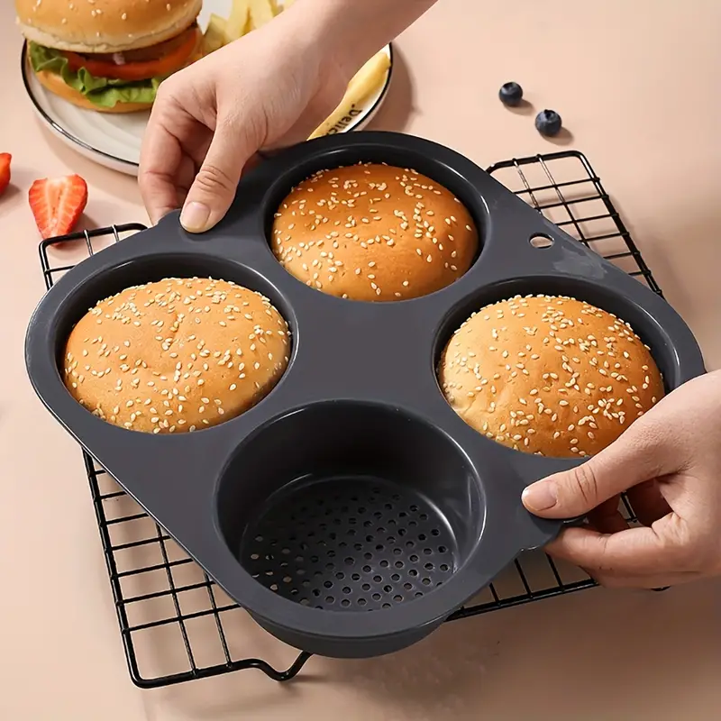 1pc, Nonstick Hamburger Bun Pan - 4 Cavities Muffin Pan for Easy Baking and  Even Cooking - Oven Safe Baking Bread Pan - Kitchen Gadgets and Accessorie