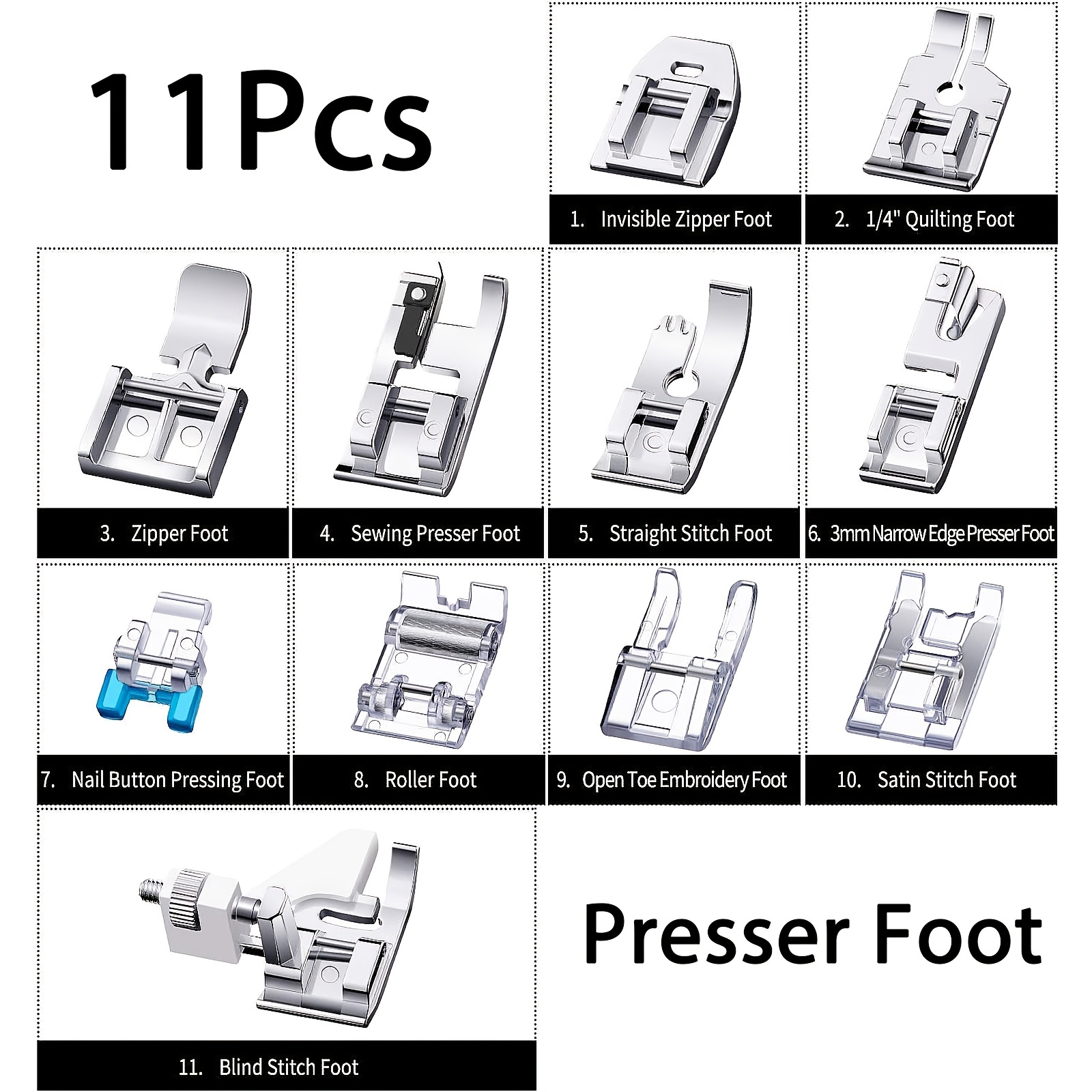 Sewing Machine Presser Feet Set 11 Pcs Snap-On Sewing Machine Foot Most of  Low Shank Sewing Machines Use