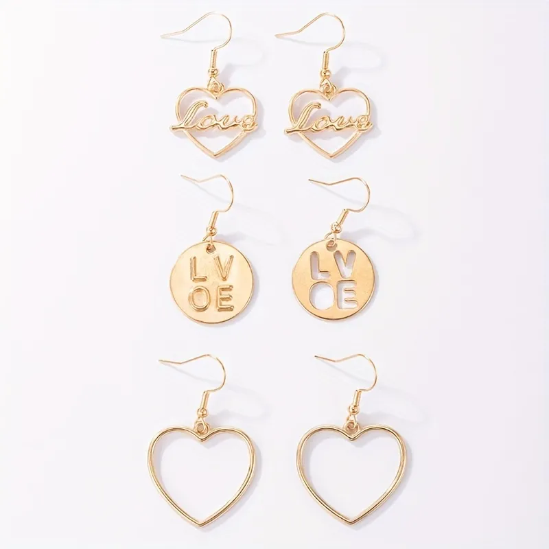 3 Pairs Golden Heart Round Shape Dangle Earrings Elegant