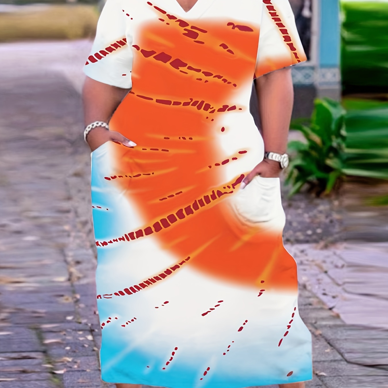 

Plus Size Casual Dress, Women's Plus Tie Dye Short Sleeve V Neck Slight Stretch Maxi Dress With Pockets