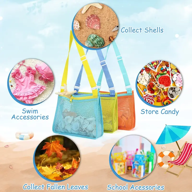 Shell Mesh Storage Bag Cylindrical with Zipper Shell Collecting Bags for  Kids Nylon Beach Bags for Kids Picking Up Shell Collecting Bag Adjustable  Strap Zippered Nets Bag Beach Toy Shell Bag Green 