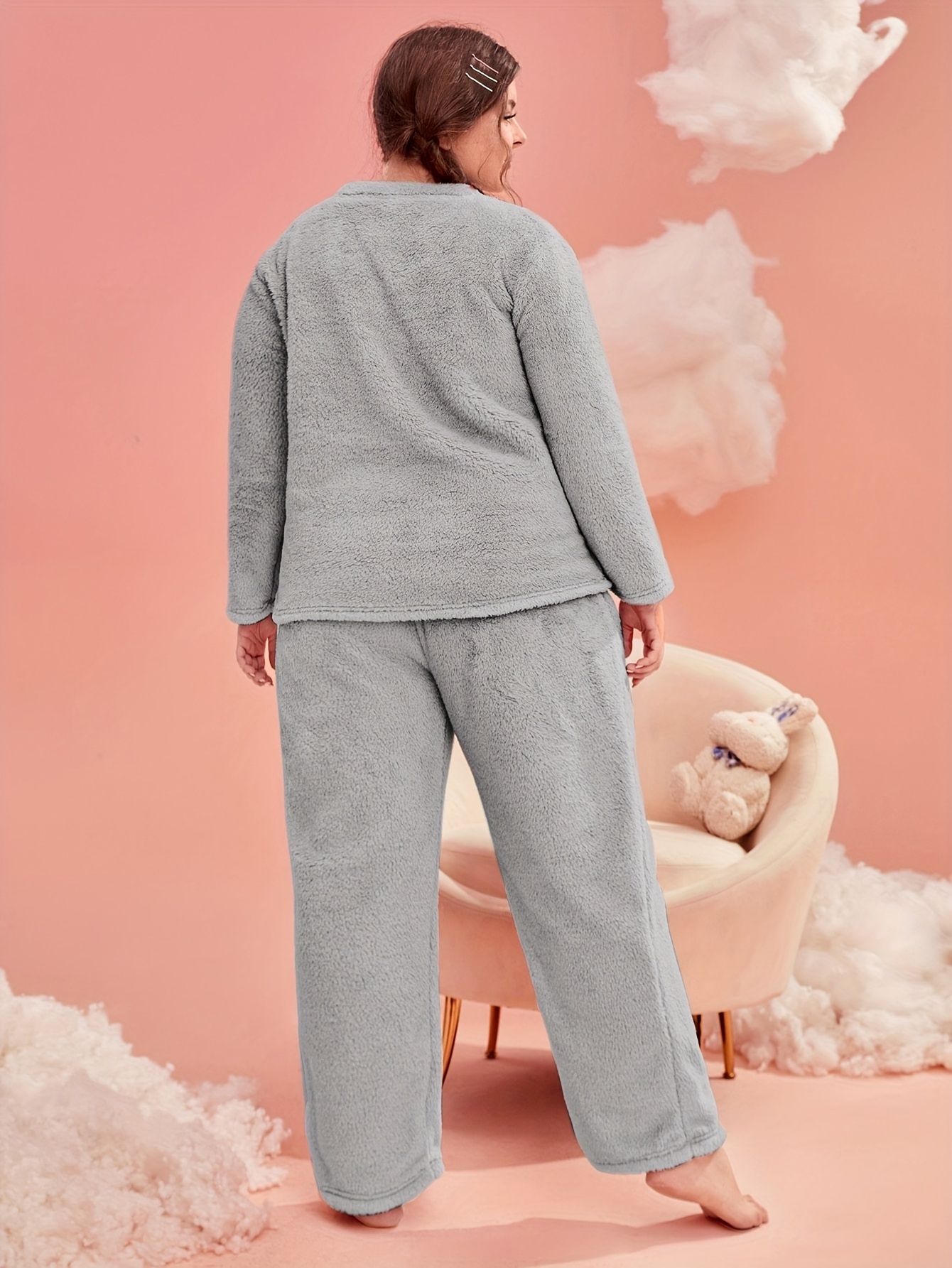 Fleece Pajamas Set Soft Top & Pants Winter Home Wear