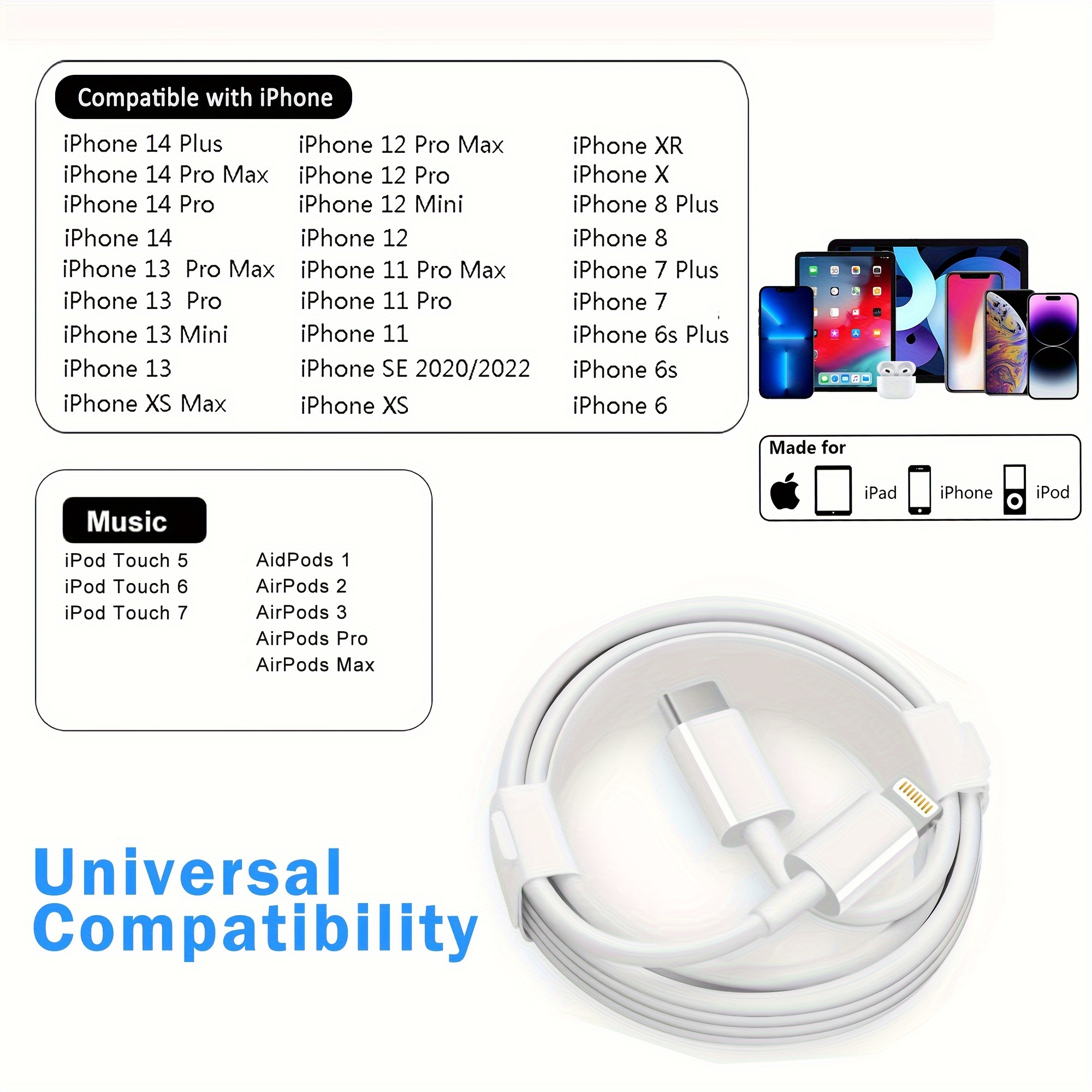 Cable USB C a Lightning de 6.6 pies, paquete de 3 cables de carga rápida  para iPhone 14/13/13 Pro/12/12 Pro/12 Pro Max/11/Xs Max/XR/X, iPad, AirPods