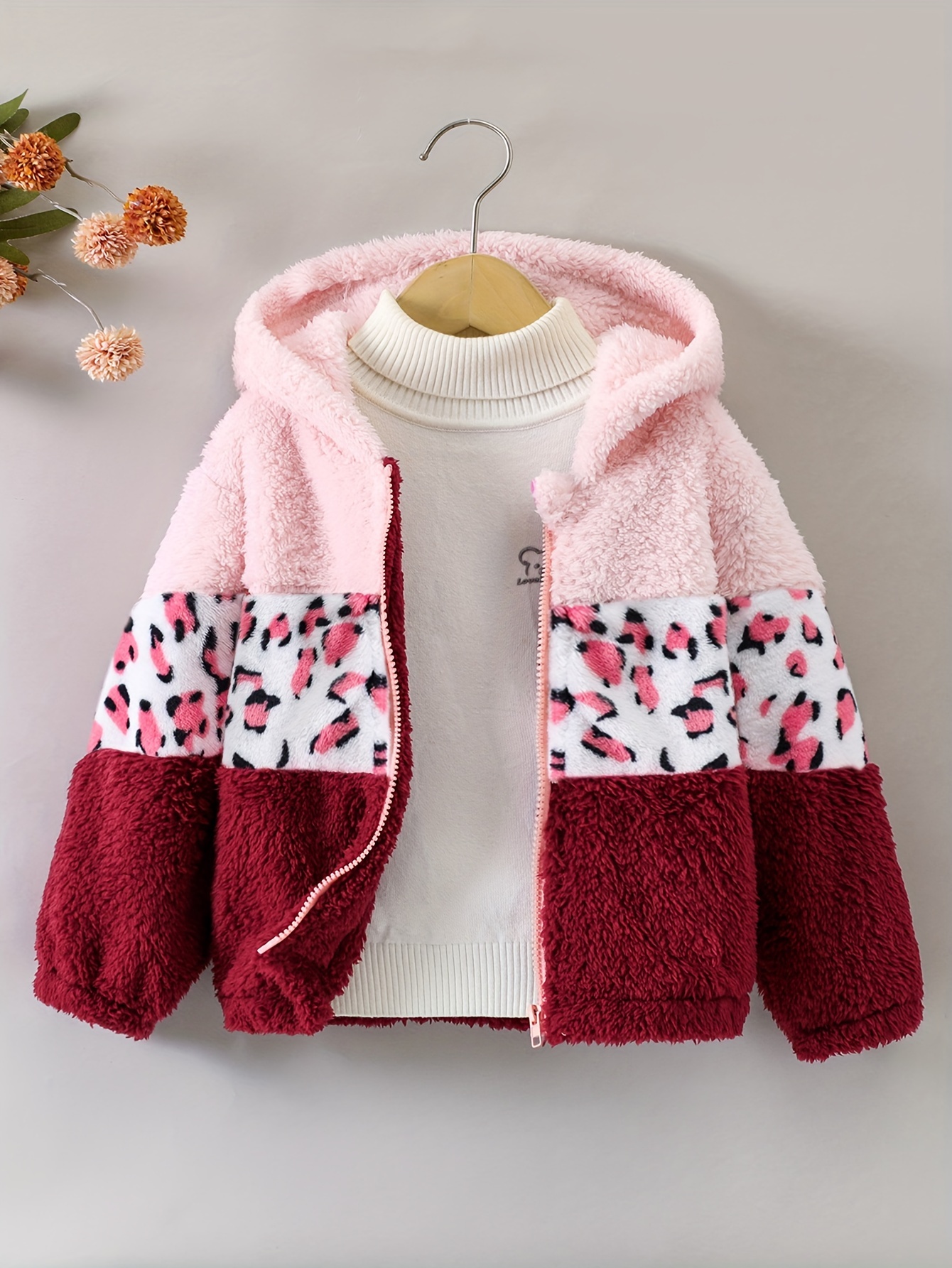 Girls' Autumn/Winter Soft Comfortable Faux Plush Color Block Faux Leopard Print Plush Hooded Zipper Fashion Cute Cardigan Jacket