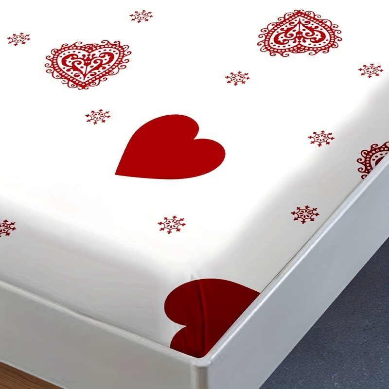 Fitted Bed Sheet with Pillowcase Red Heart Printed White Color Drap  180x200cm