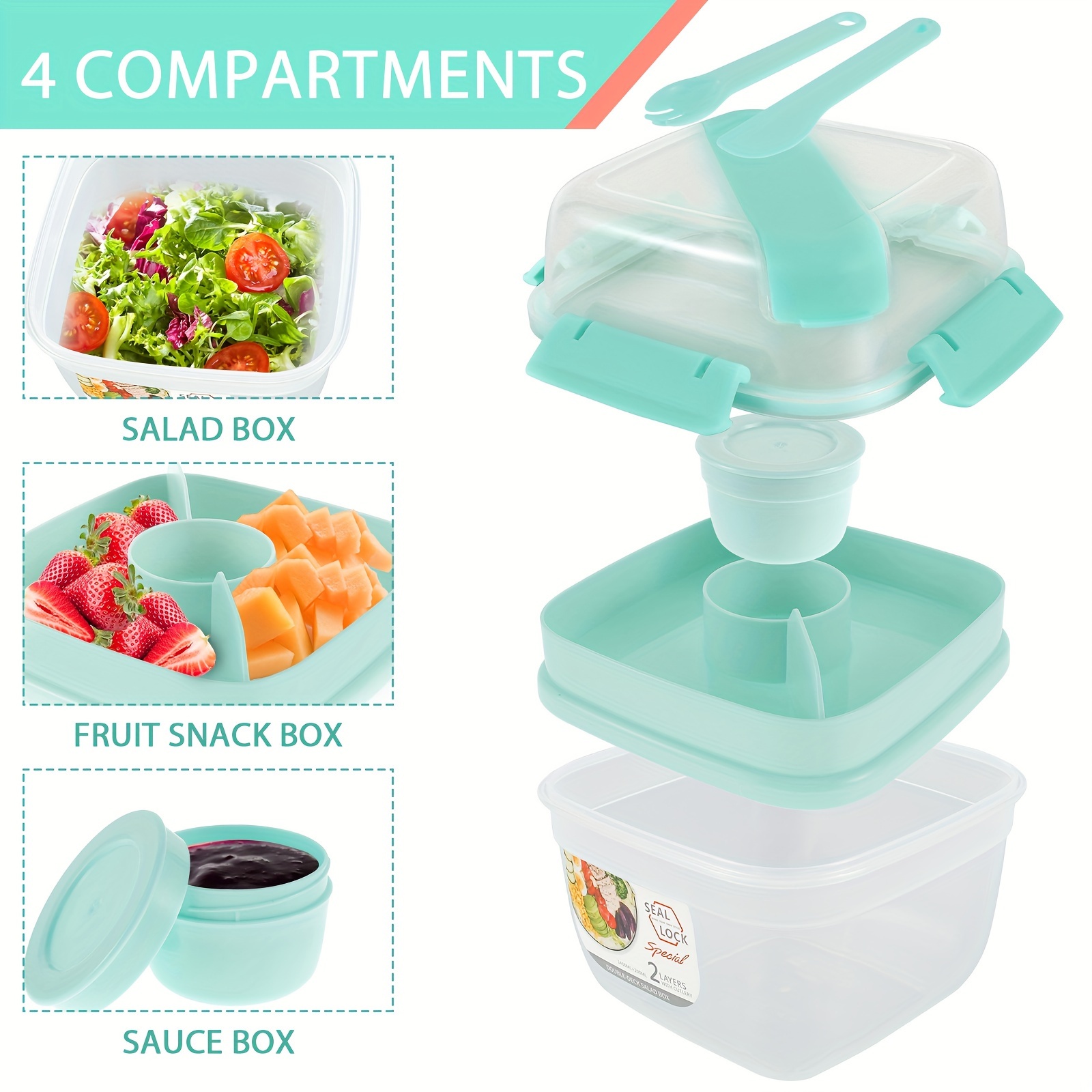 Leak-proof Box Salad Container - 3 Compartments, Dressing Container,  Microwave-safe