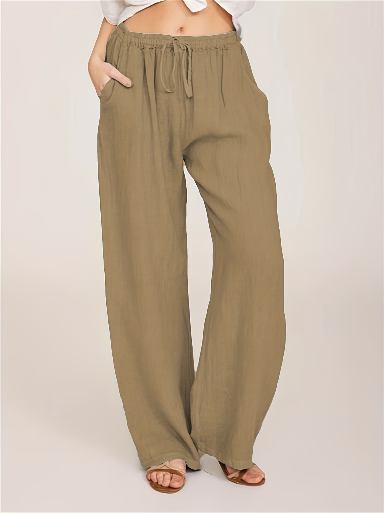 Pantalones de lino para mujer, pantalón de pierna ancha con cordón