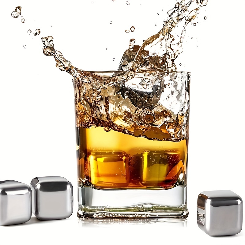 DERGUAM - Paquete de 8 cubos de hielo de acero inoxidable 304 de  enfriamiento rápido, piedras de whisky con abridor de vino, pinza de hielo