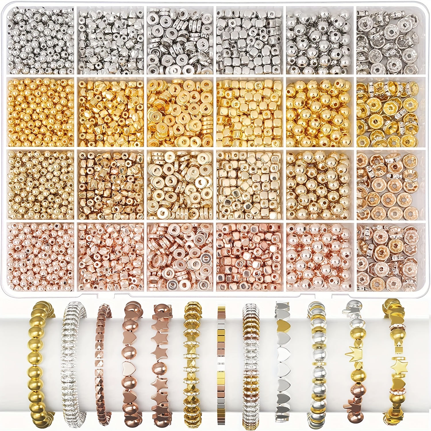 

3820pcs Spacer Beads For Jewelry Making In 6 Styles, Round Beads Flat Beads Cube Beads Bracelet Rhinestone Spacers Beads For Diy Crafting (golden, Silvery, Rose Golden, Kc Golden)