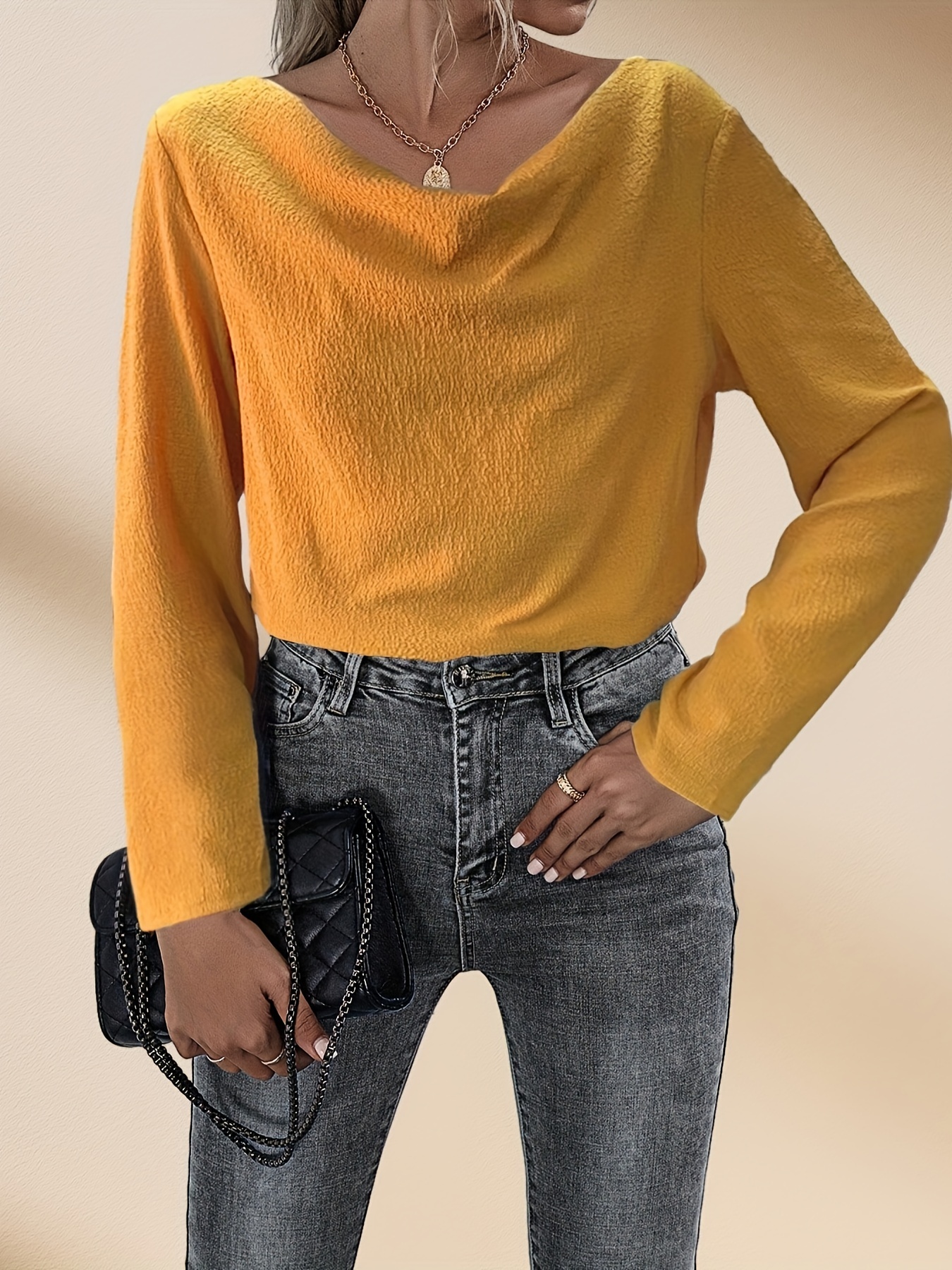 Solid Notched Neck Simple Blouse Casual Long Sleeve Comfy - Temu