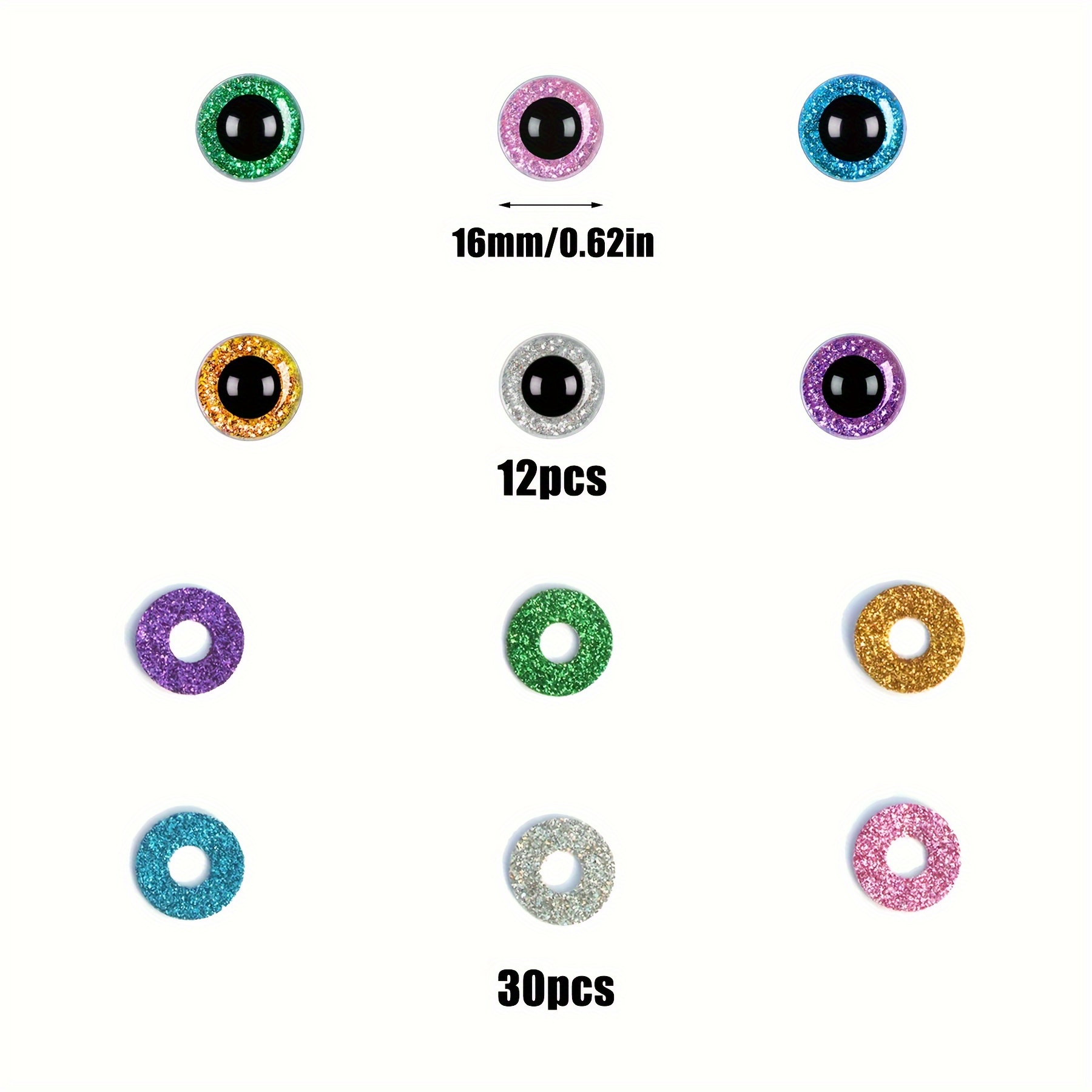20pcs 10 Kinds of Color 9-24mm Tiny Round Plastic Clear Toy Animal Safety  Eyes Crystal Eyes Glitter Nonwovens White Hard Washer