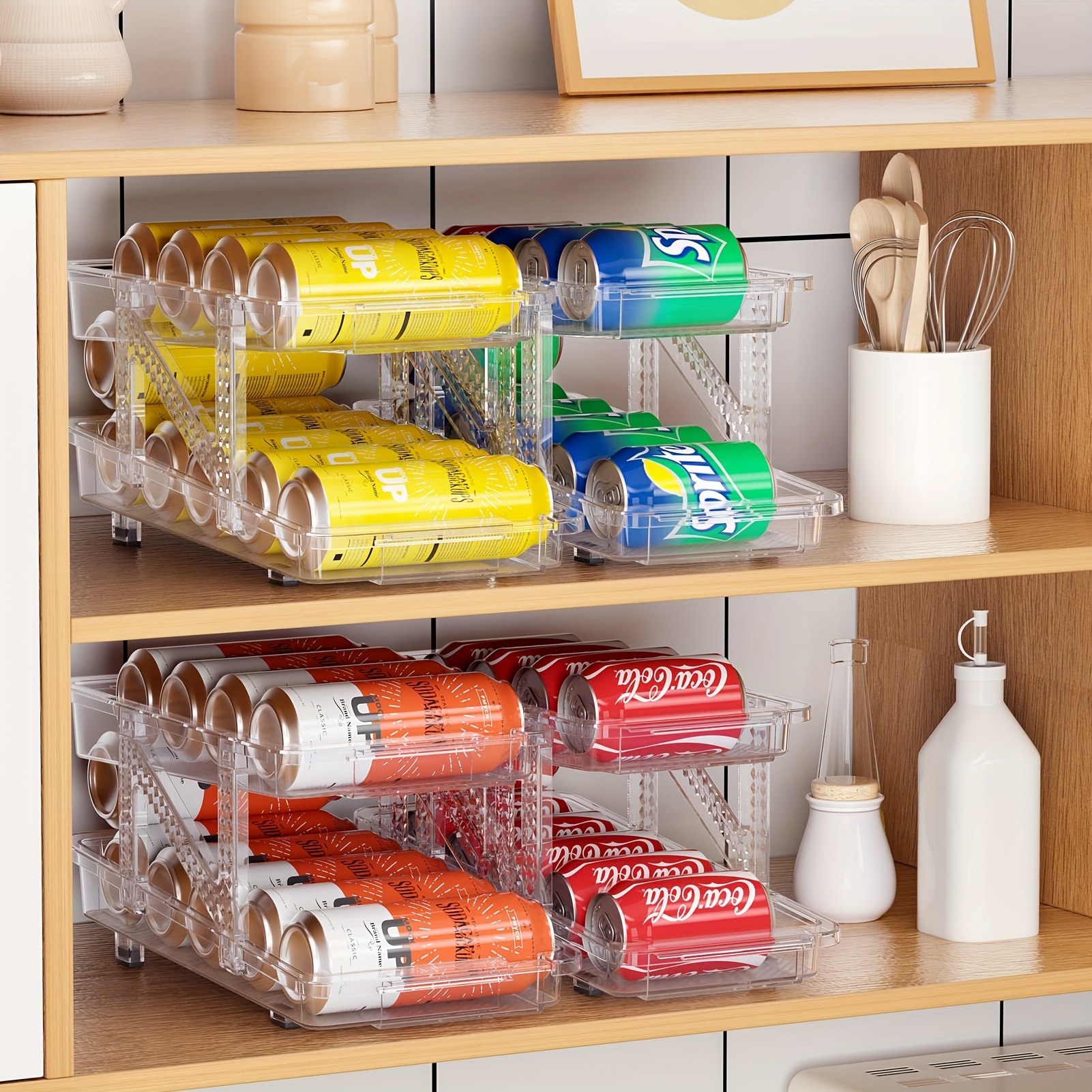 Modern Canned Food Organizer Rack, 2-Tier Can Storage Dispenser Rack Holder
