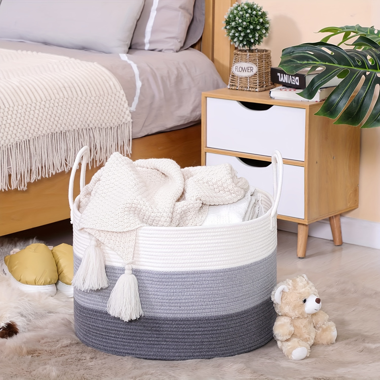 OIAHOMY Cesta de lavandería alta de algodón con asas, cesta decorativa para  manta para sala de estar, cesta grande plegable para juguetes, almohadas