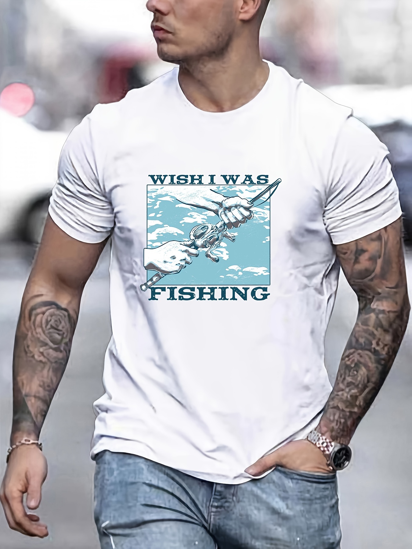 Fishing Rod Print T Shirt, Tees For Men, Casual Short Sleeve T-shirt For  Summer