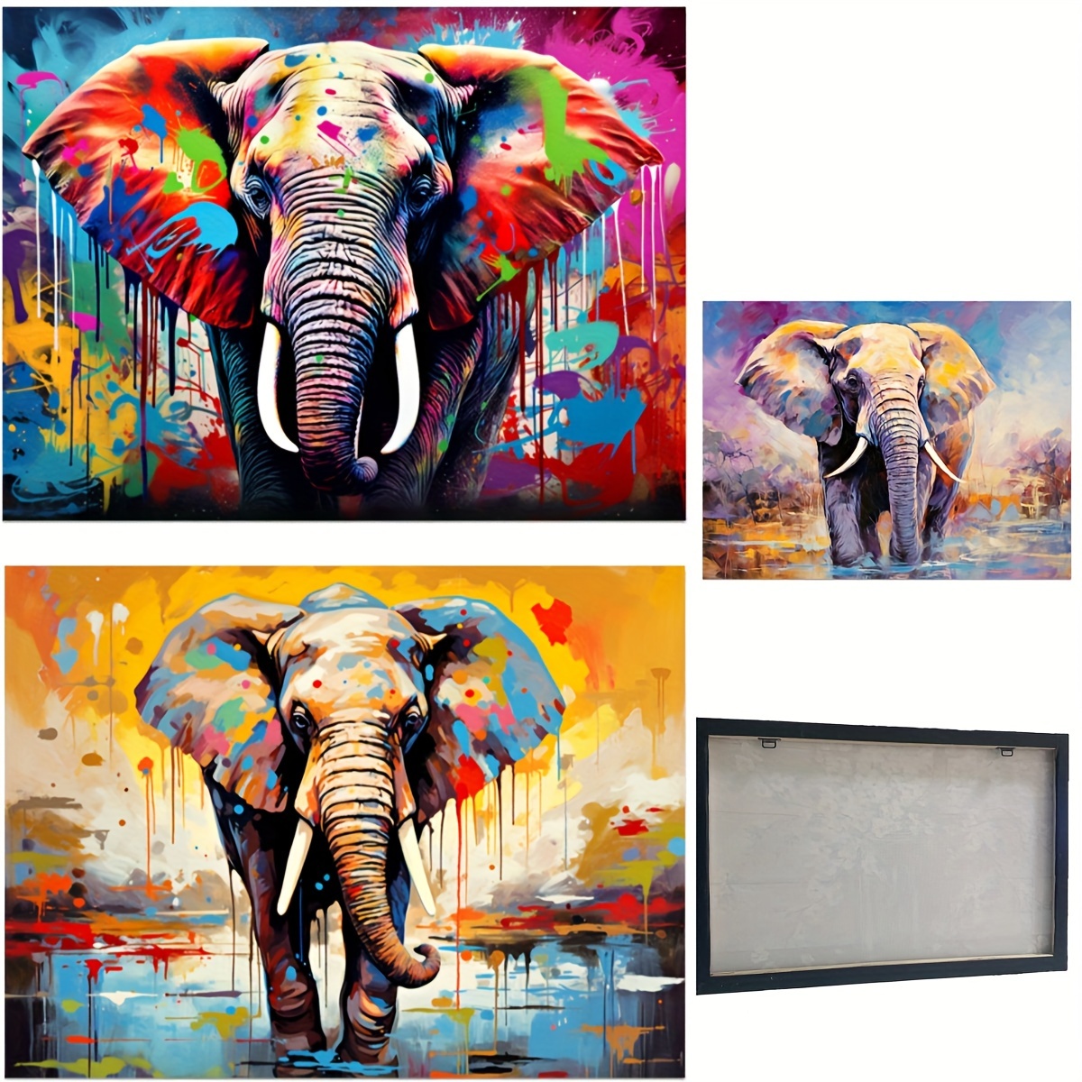 1pc Framed Abstract Canvas Print Poster, Graffiti Elephant Canvas Wall ...