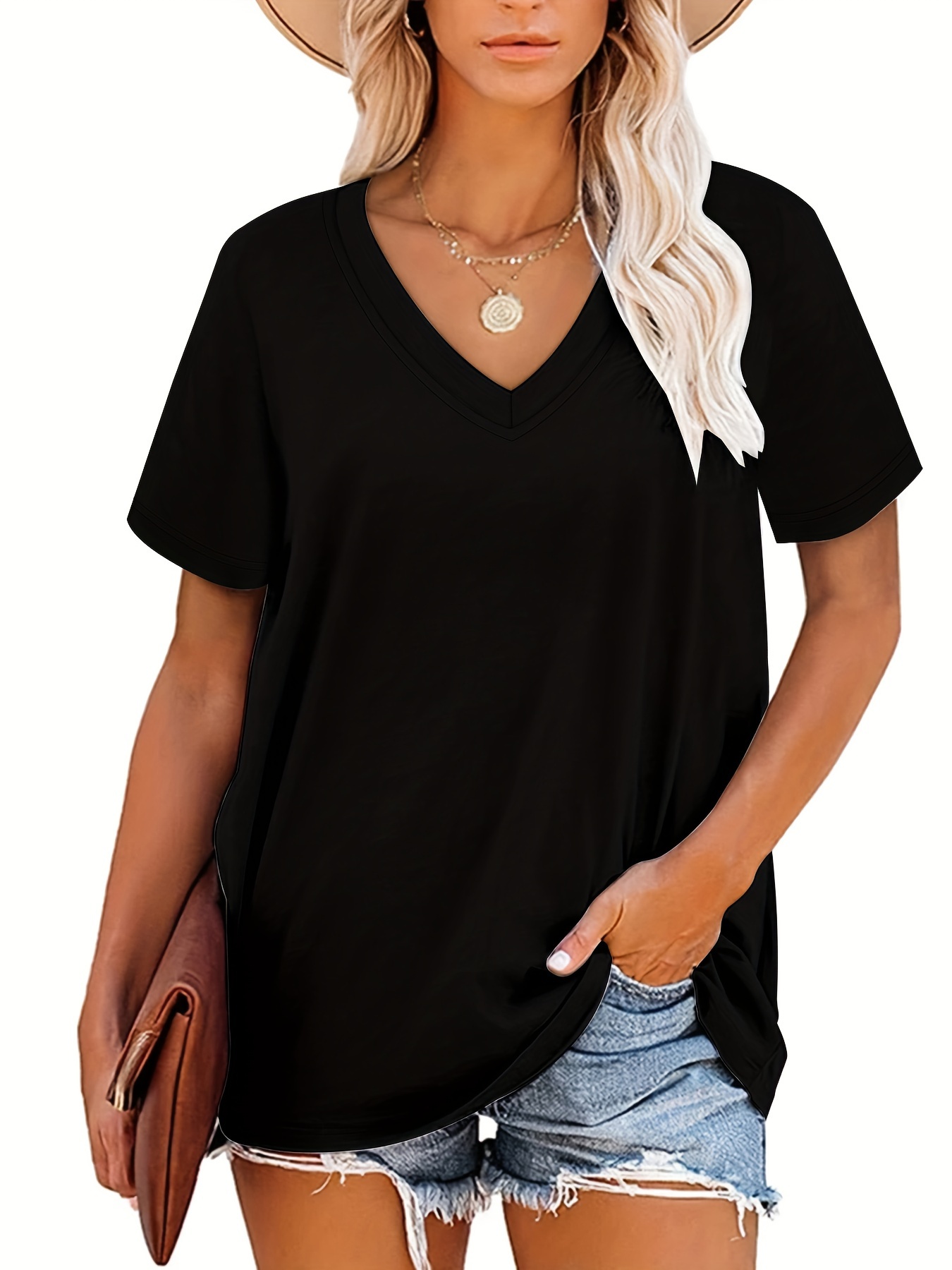 Plus Size, Plus Size Women's V-Neck Short Sleeve T-Shirt - Elegant Casual Chic White Top, Soft Breathable Fabric, Machine Washable, All-Season Versatile Wardrobe Staple, Everyday Comfort, Vneck Tee, Relaxed Fit Shirt