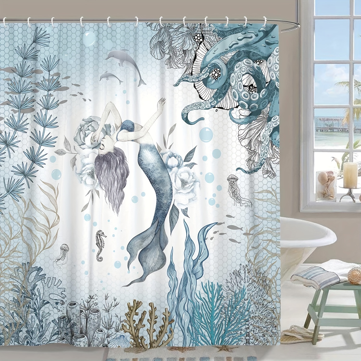 1pc Octopus Mermaid Print Shower Curtain Waterproof Mildew - Temu United  Kingdom