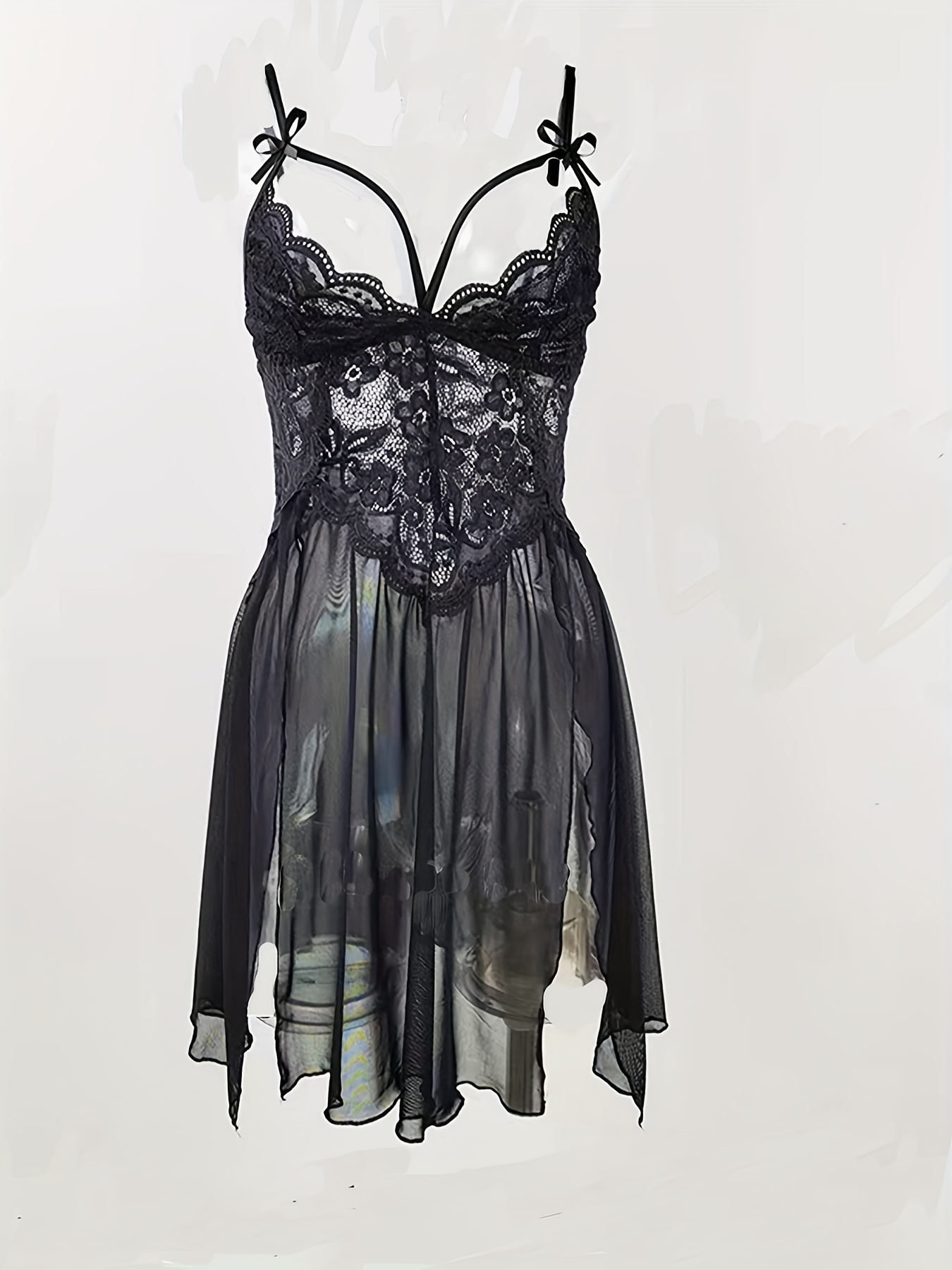 Women's Satin Lace Trim Mini Night Dress Split Thigh V Neck Sleeveless  Nightgown