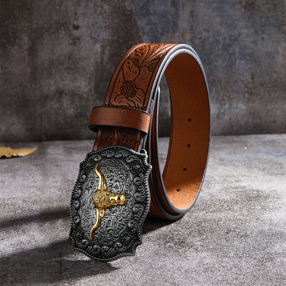 1pc vintage mens floral engraved embossed leather belt bull  display picture 1