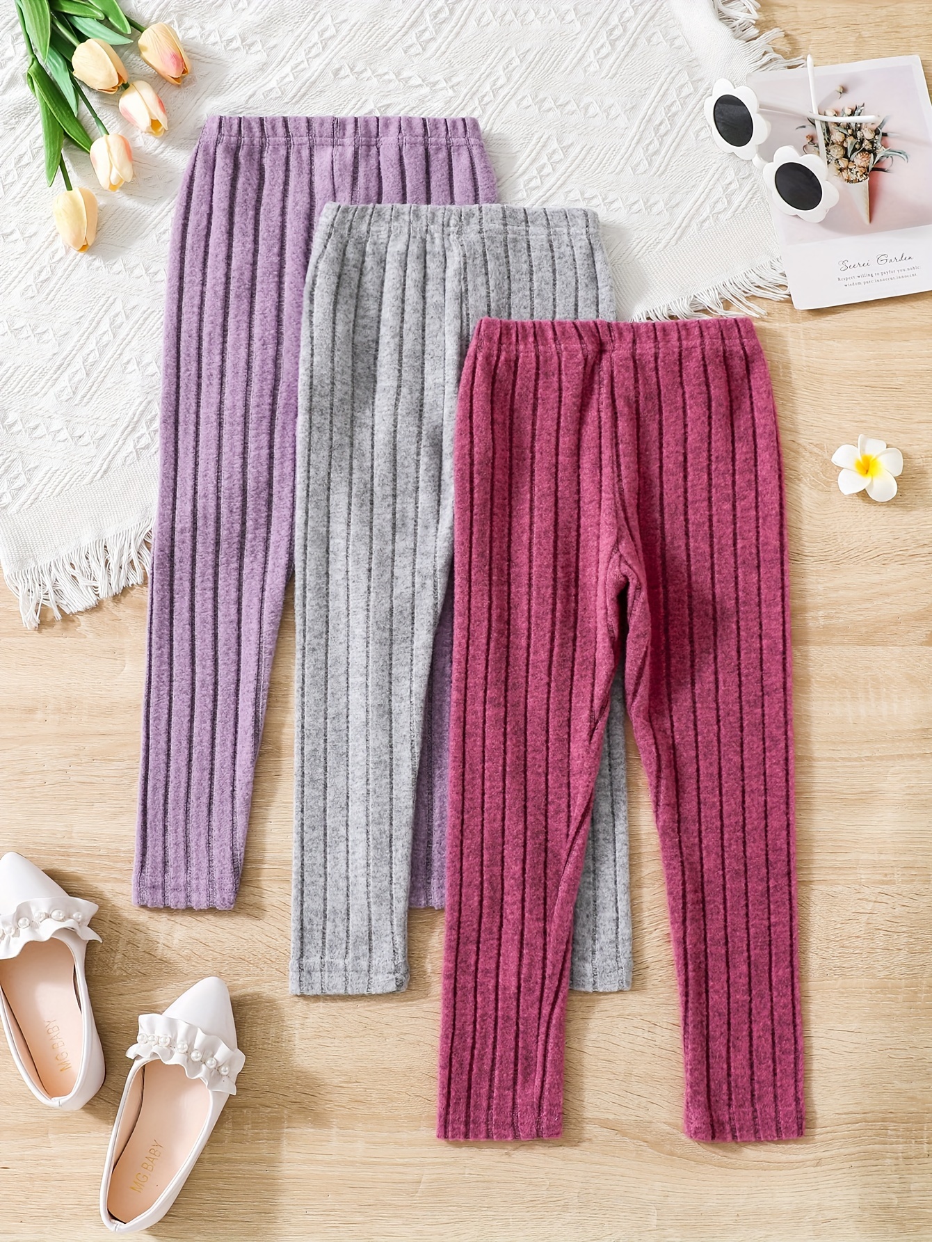 Girls Ribbed Knit Leggings Set Solid Slim Leggings Spring - Temu