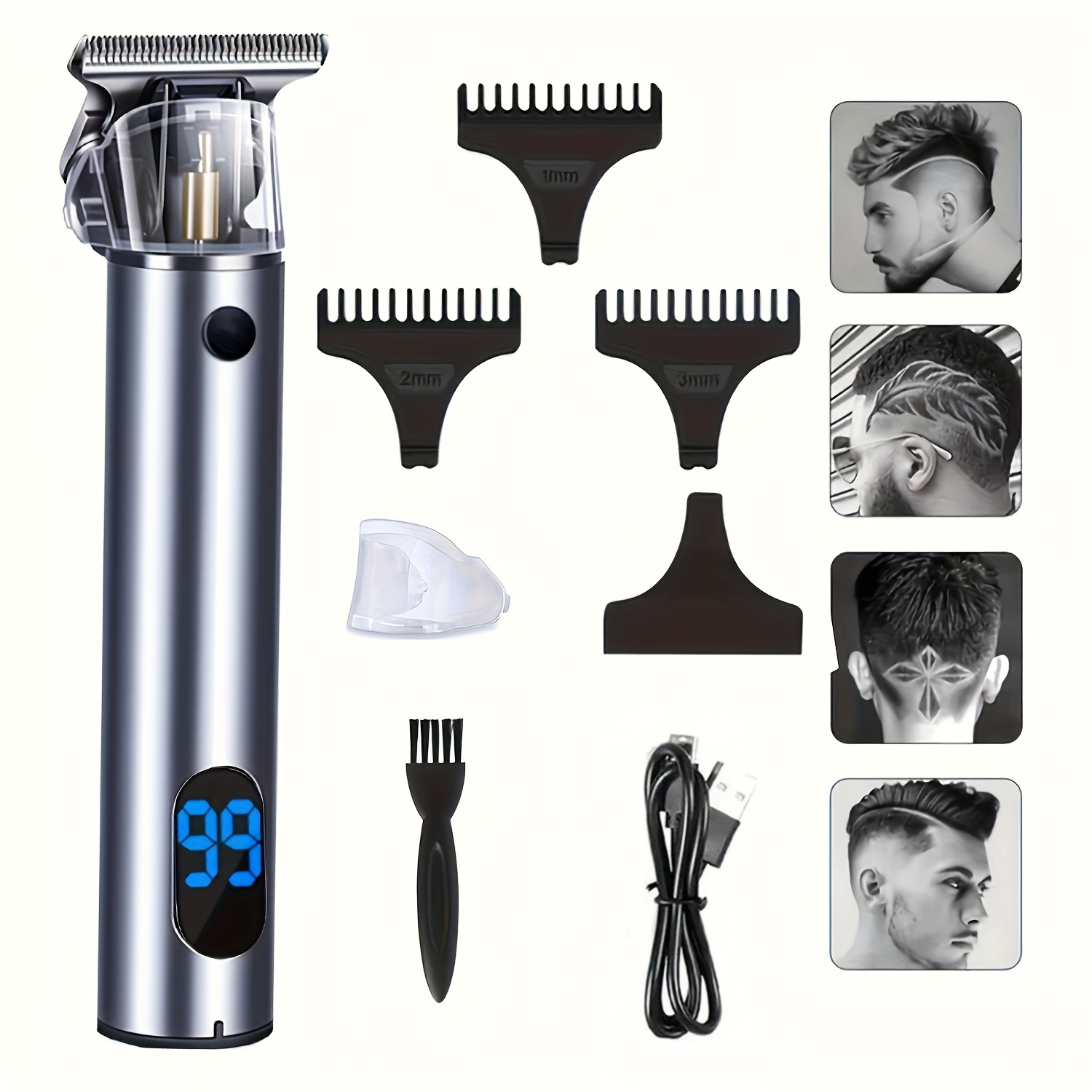 1PC Professional Electric Hair Clipper, Beard Trimmer, T-Blade Liner  Contour Trimmer Razor Grooming Kit LED Low Noise Wireless Charging With  Guide Com