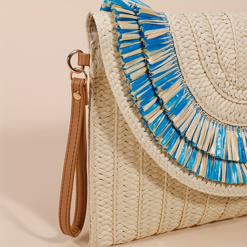 Blue Bohemia Straw Circle Handbag Fringe Beach Bags Crossbody Purse