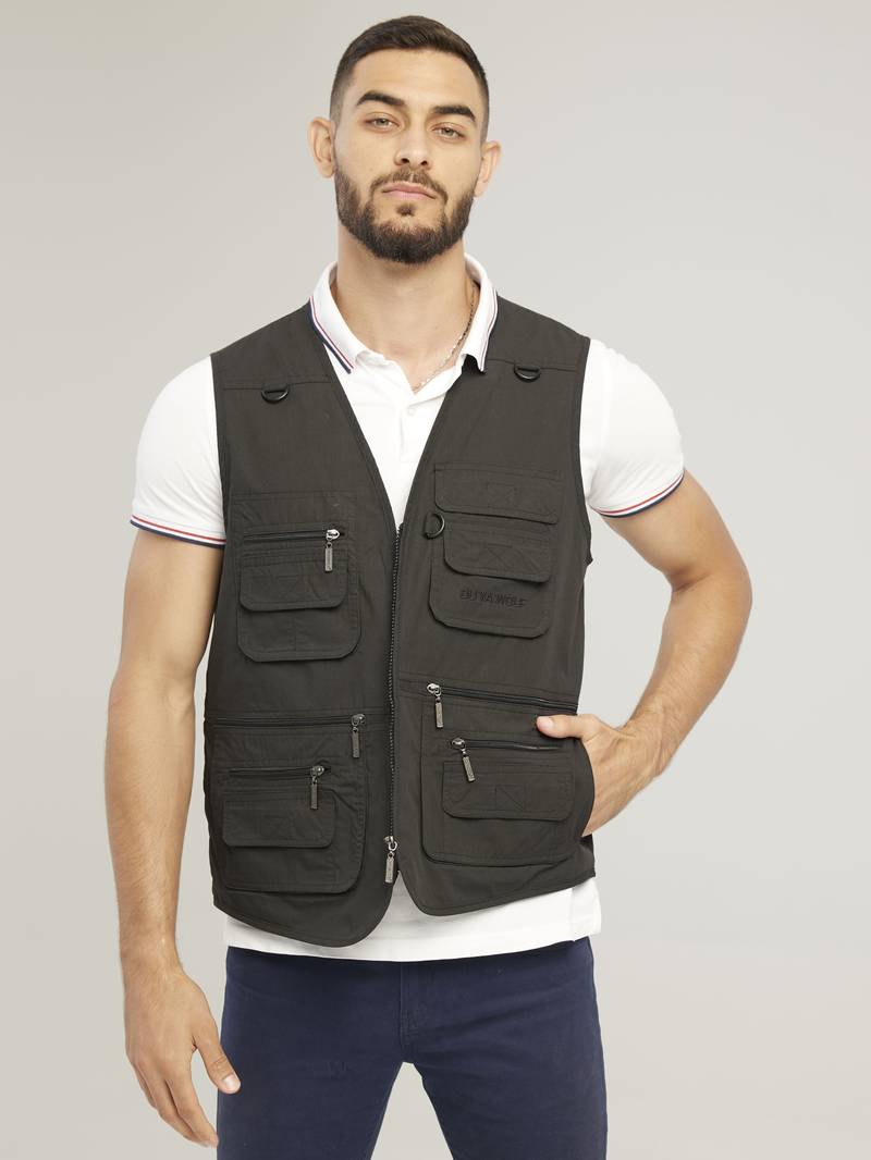Men's Cargo Vest Multi-Pocket Utility Fishing Hiking Camping Gilet – Black/Khaki/Army Green/Grey