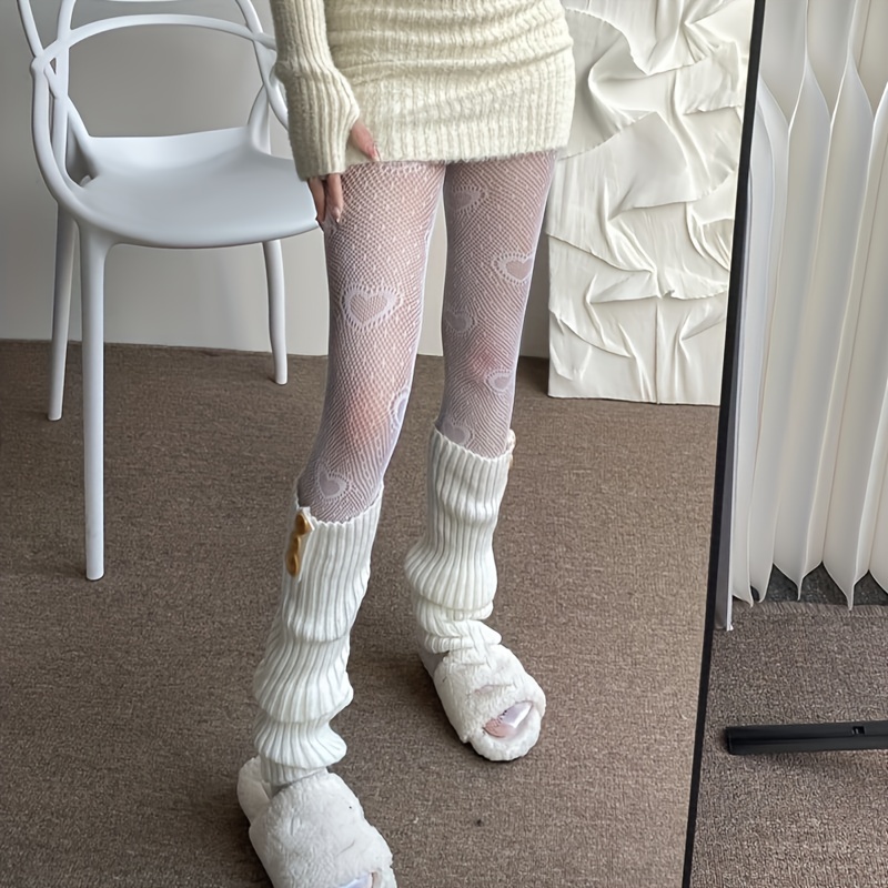 White Fishnet Stockings With Heart Pattern + Solid Leg Calf Sleeves Set For  Women