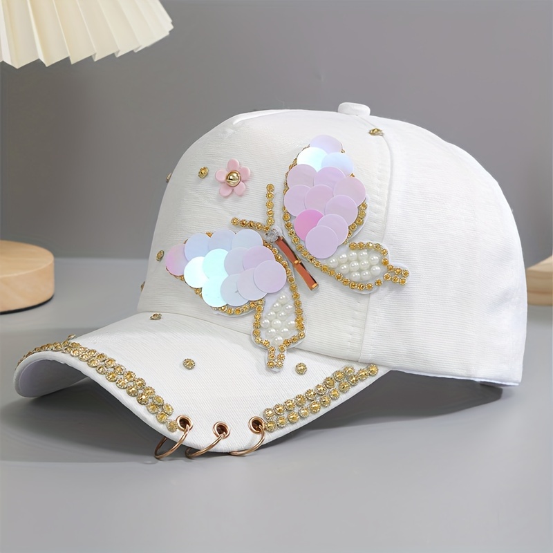 Y2K Butterfly Baseball Cap Rhinestone Sequin Pearl Cotton Hat