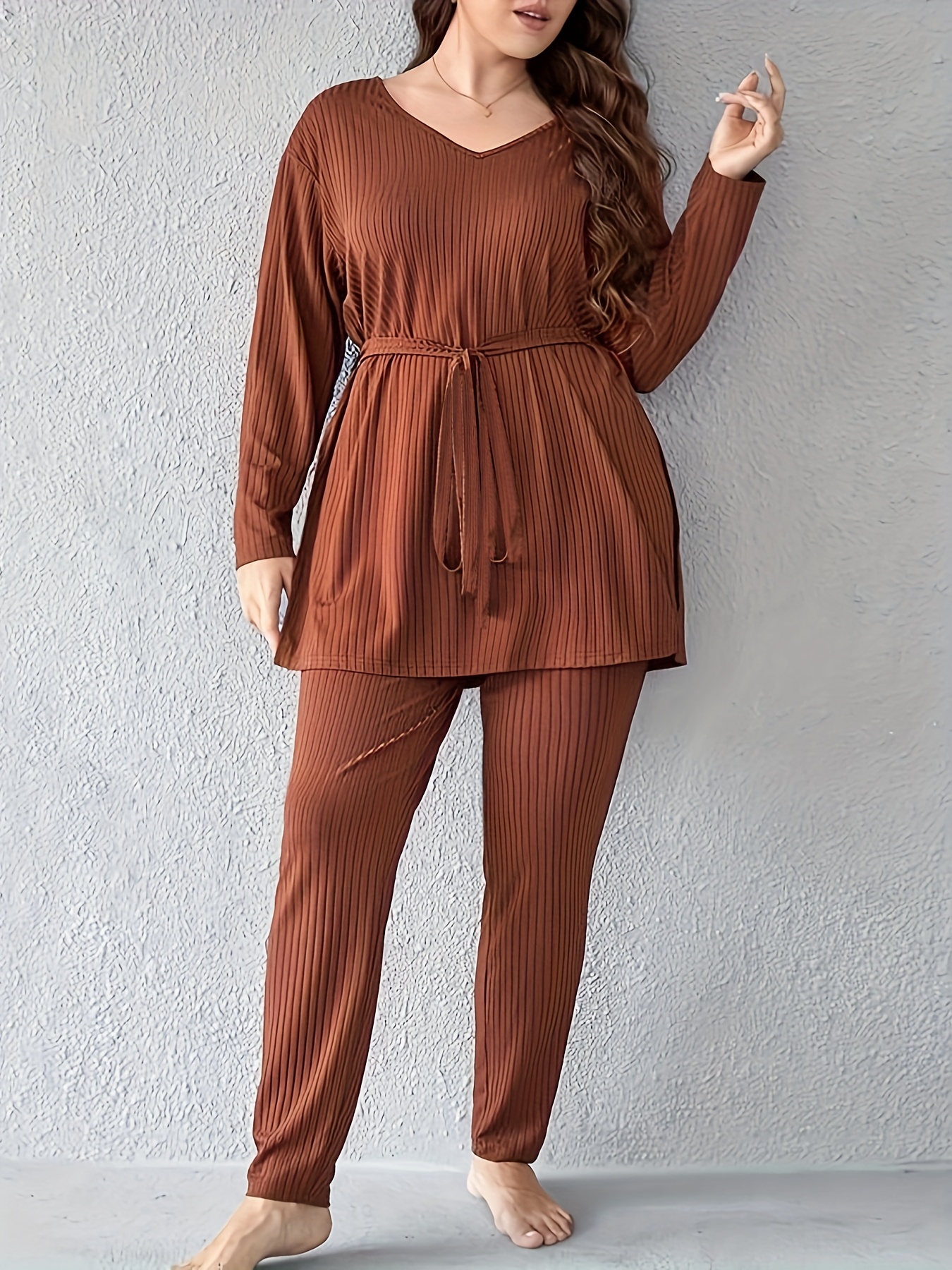 Plus Size Casual Loungewear Set, Women's Plus Solid Ribbed Knit Long Sleeve  V Neck Top With Belt & Pants Pajama Two Piece Set