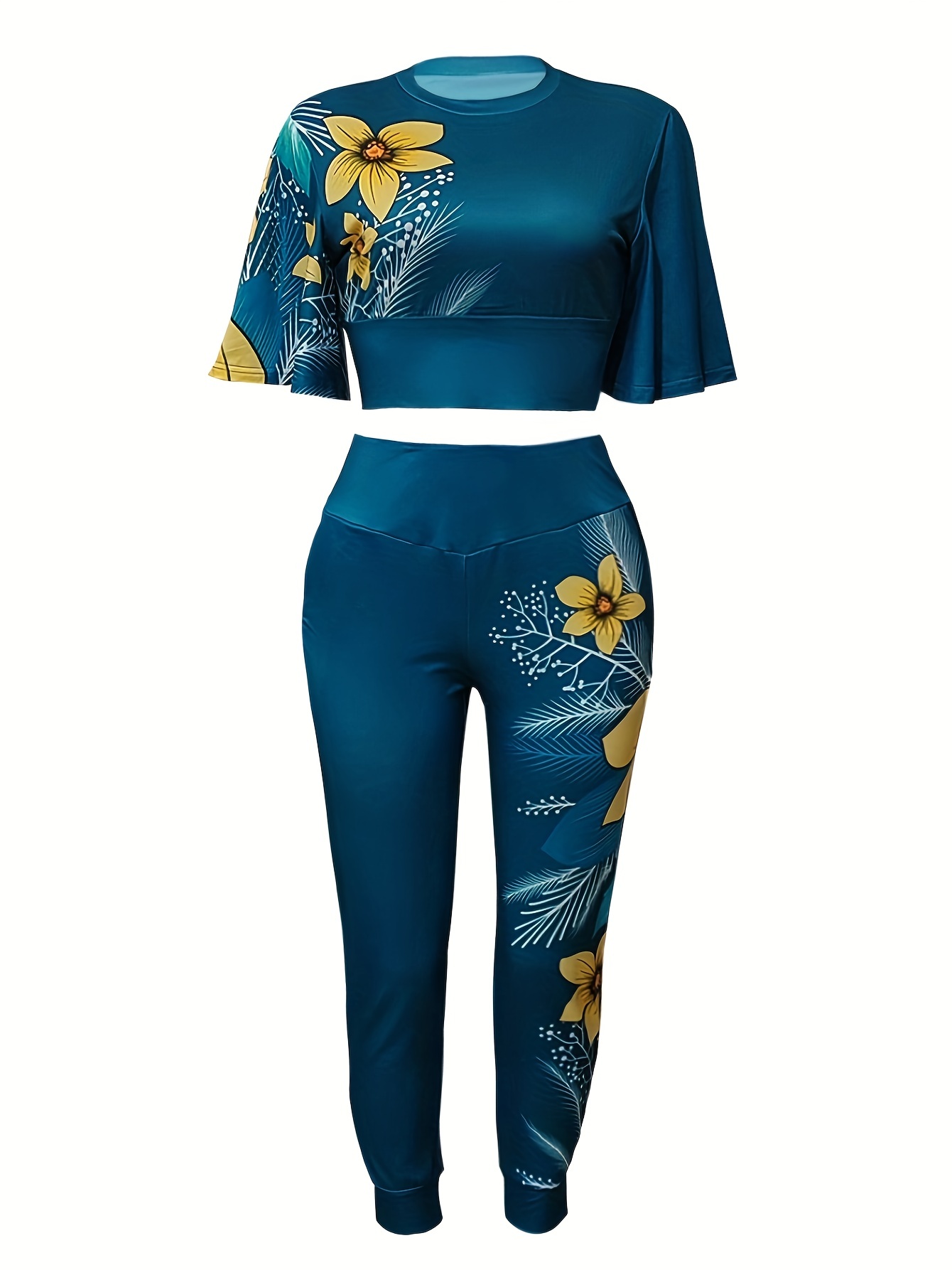 Women Casual Two Piece Set Elegant O Neck Flower Print T Shirt & Pants Suit  ✿