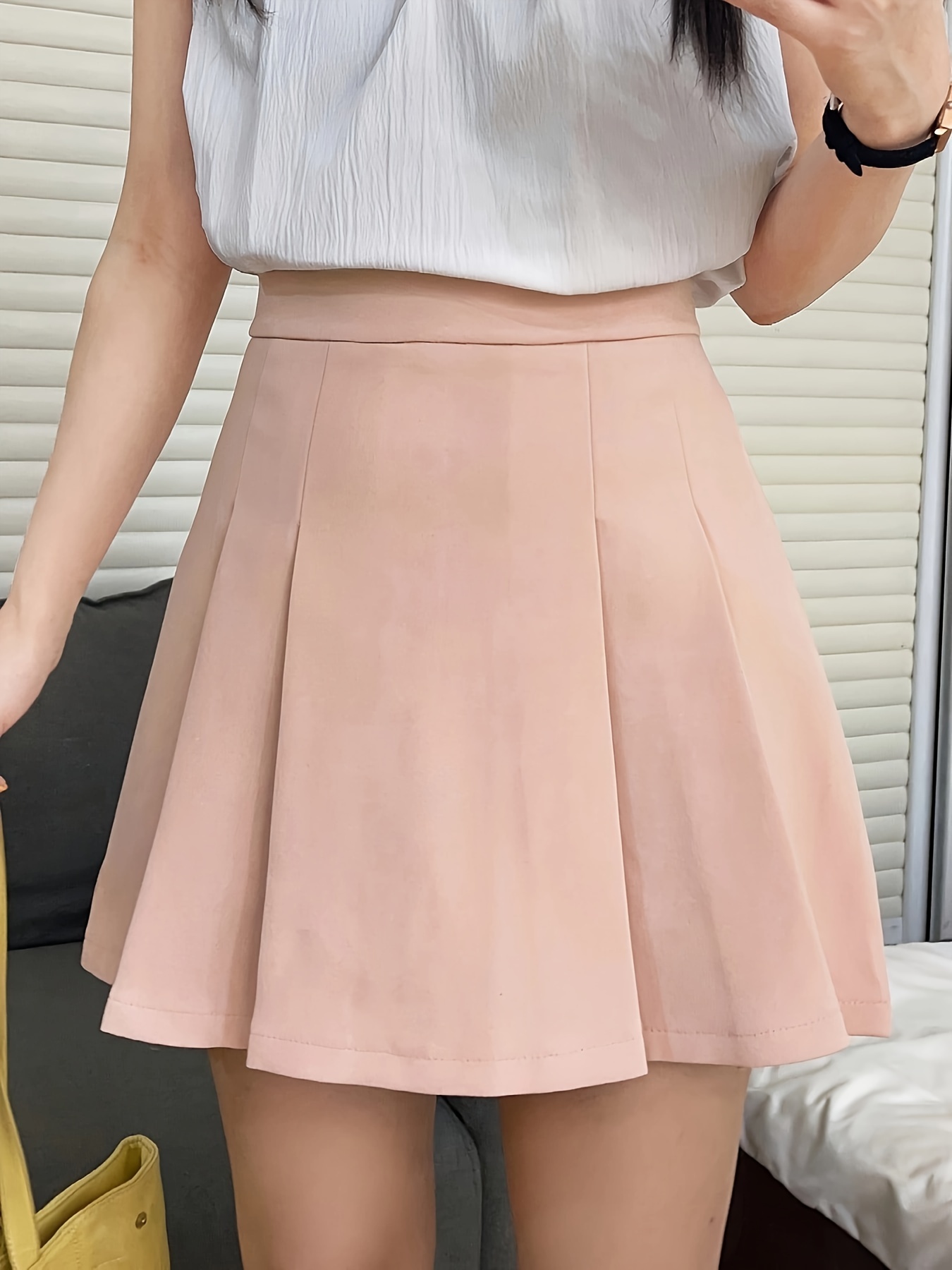 Solid High Waist Pleated Skirt Cute Zip Back Flared Mini - Temu