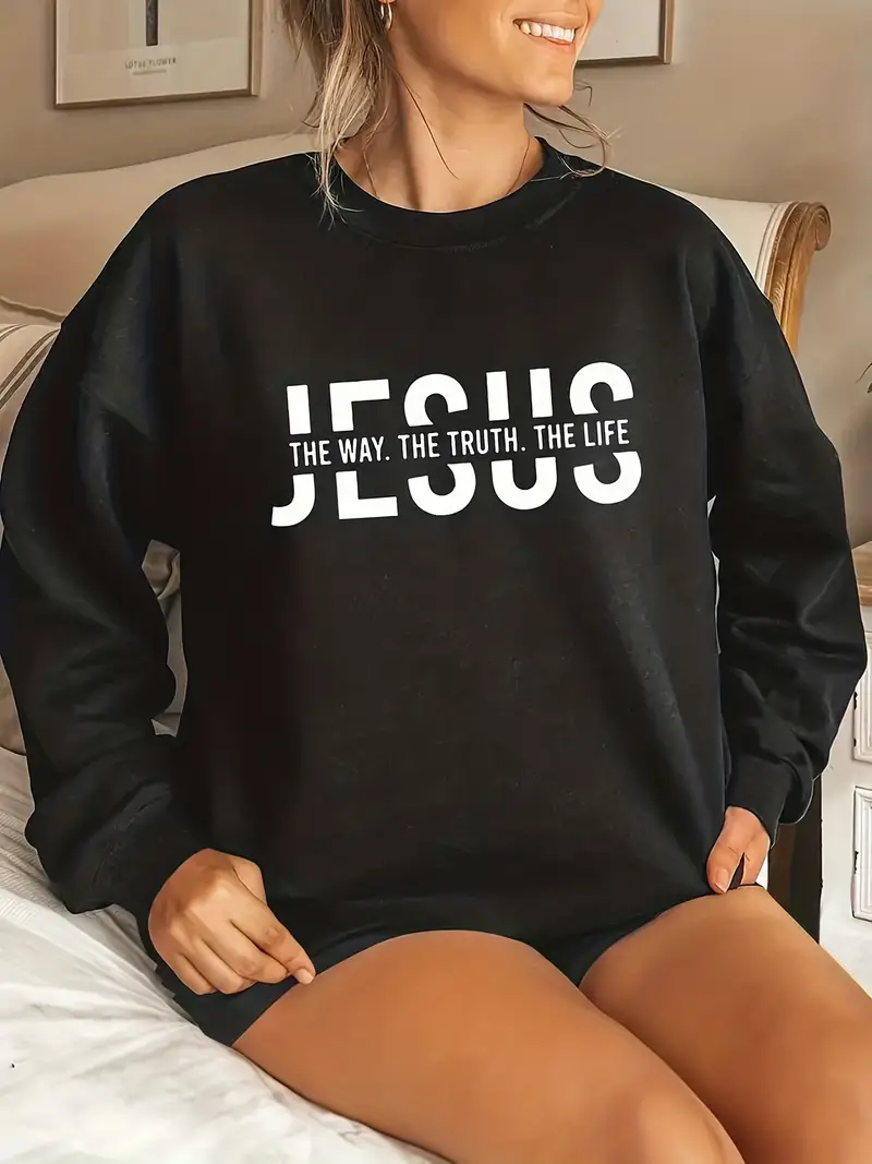 jesus letter print sweatshirt casual long sleeve crew neck sweatshirt womens clothing details 0