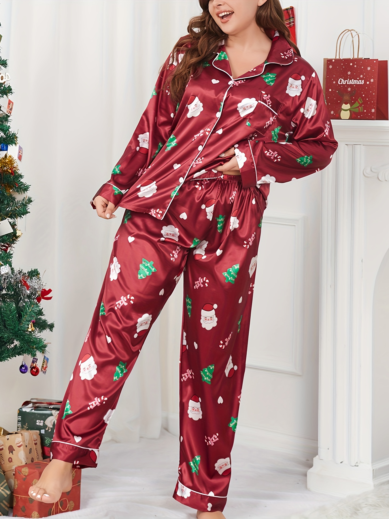 Plus Size Christmas Party Pajamas Set Women's Plus Santa - Temu Canada
