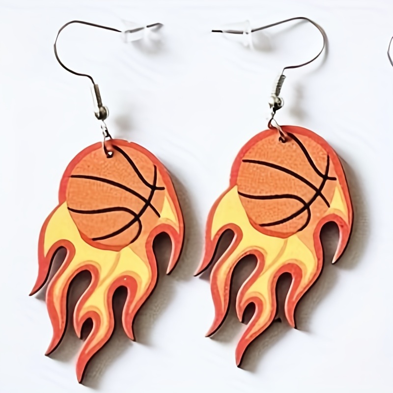 1 Pair Round & Heart-Shaped Wooden Earrings, Creative Baseball Basketball Rugby Football, Soccer Pattern Sports Earrings,Temu