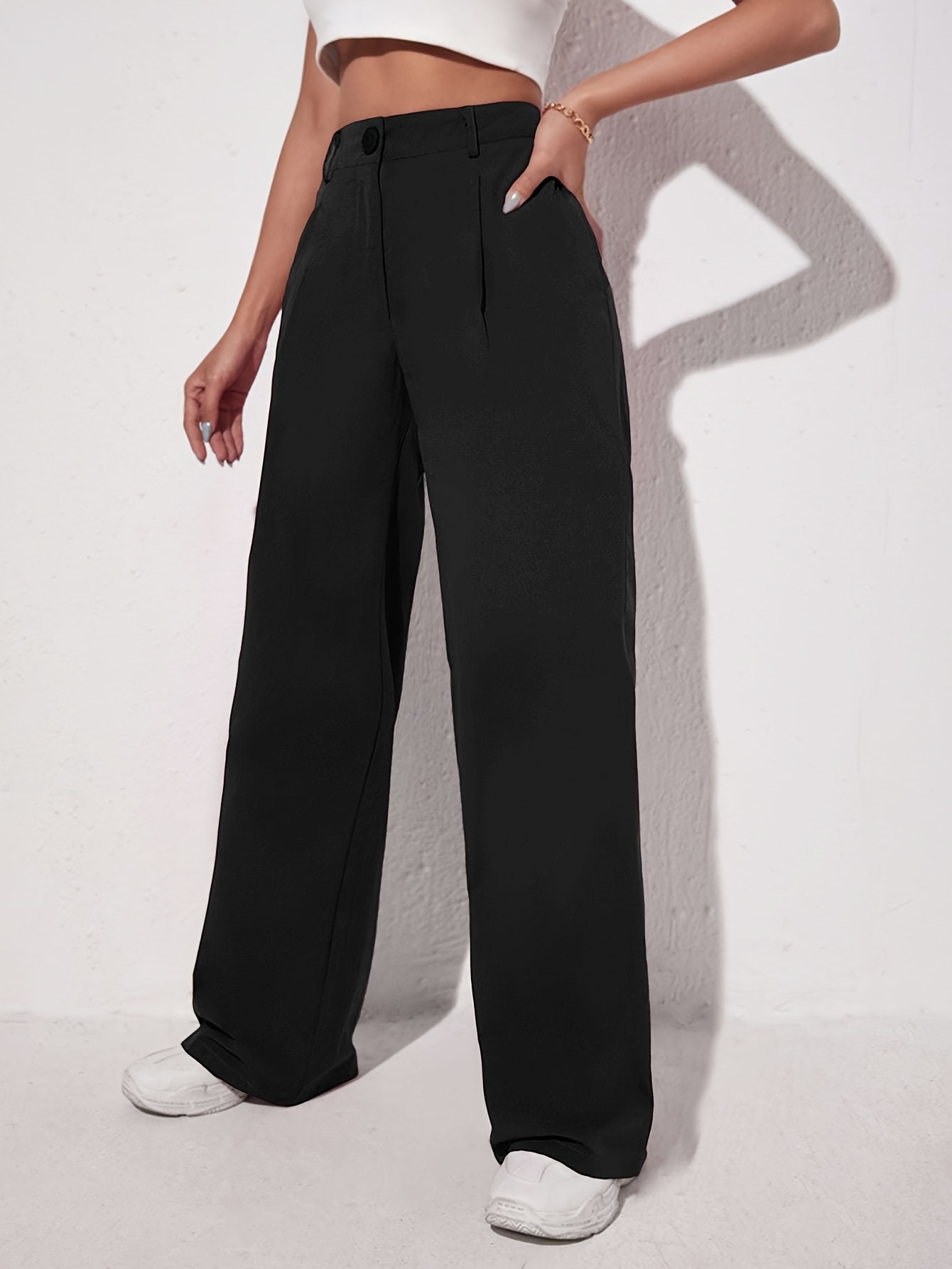 Tucked Solid Pants Elegant High Waist Wide Leg Long Length - Temu