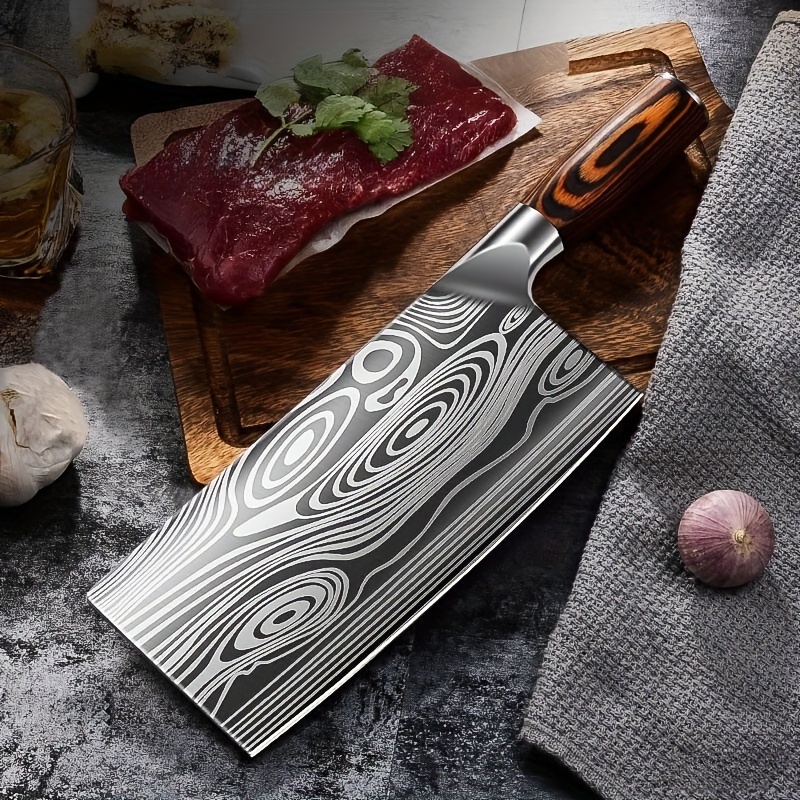 Knife Kitchen Damascus Laser Pattern Meat Cleaver Chinese Chef Chopping  Slicing Knife 40CR13 Stainless Steel Vegetable Cutter