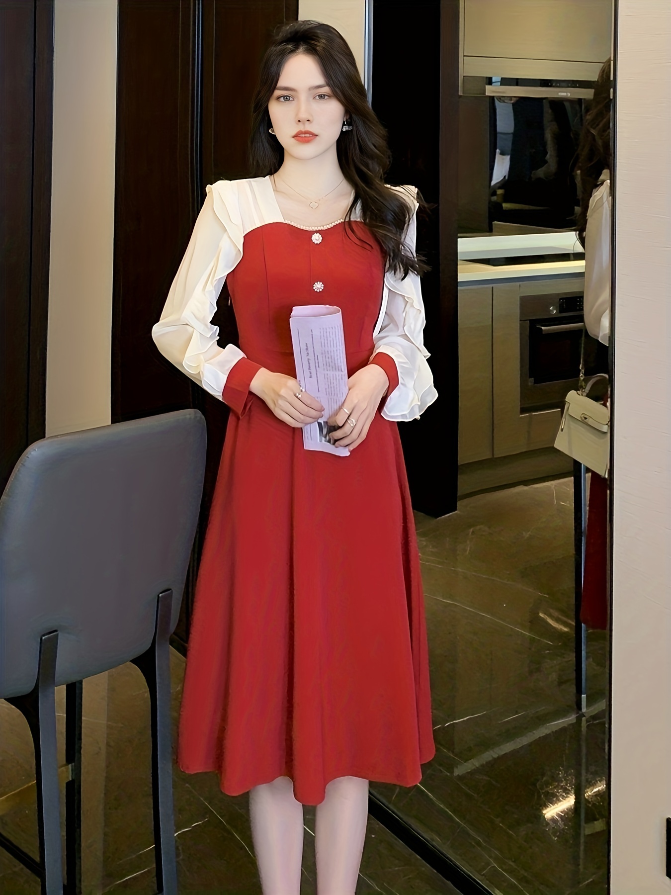 Color Block Ruffle Trim Dress, Elegant Long Sleeve Bodycon Dress, Women's  Clothing
