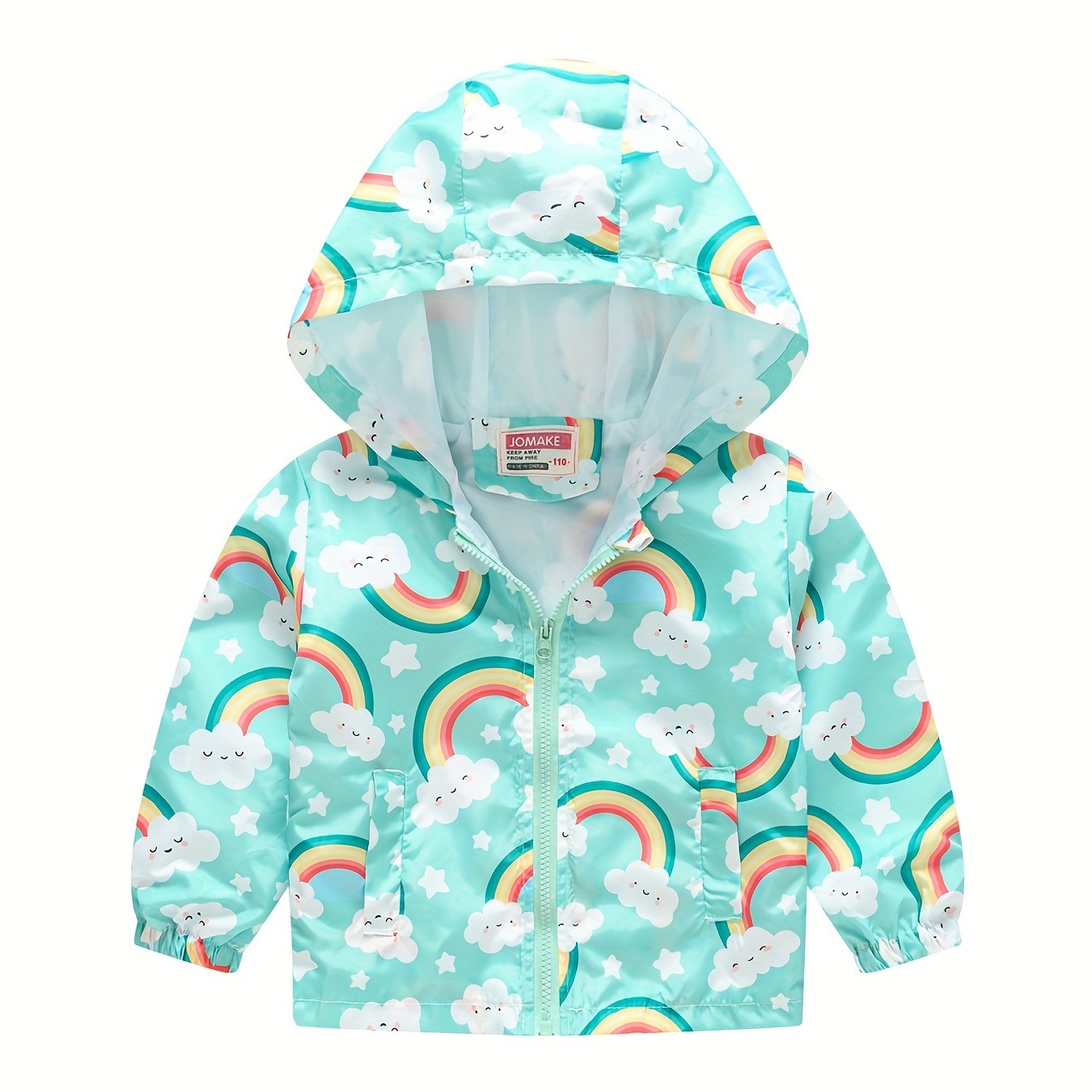 

Toddler Girls Hooded Jacket Cute Cartoon Rainbow And Clouds Graphic Zipper Windproof Sports Casual Coat Top Kids Spring Clothes