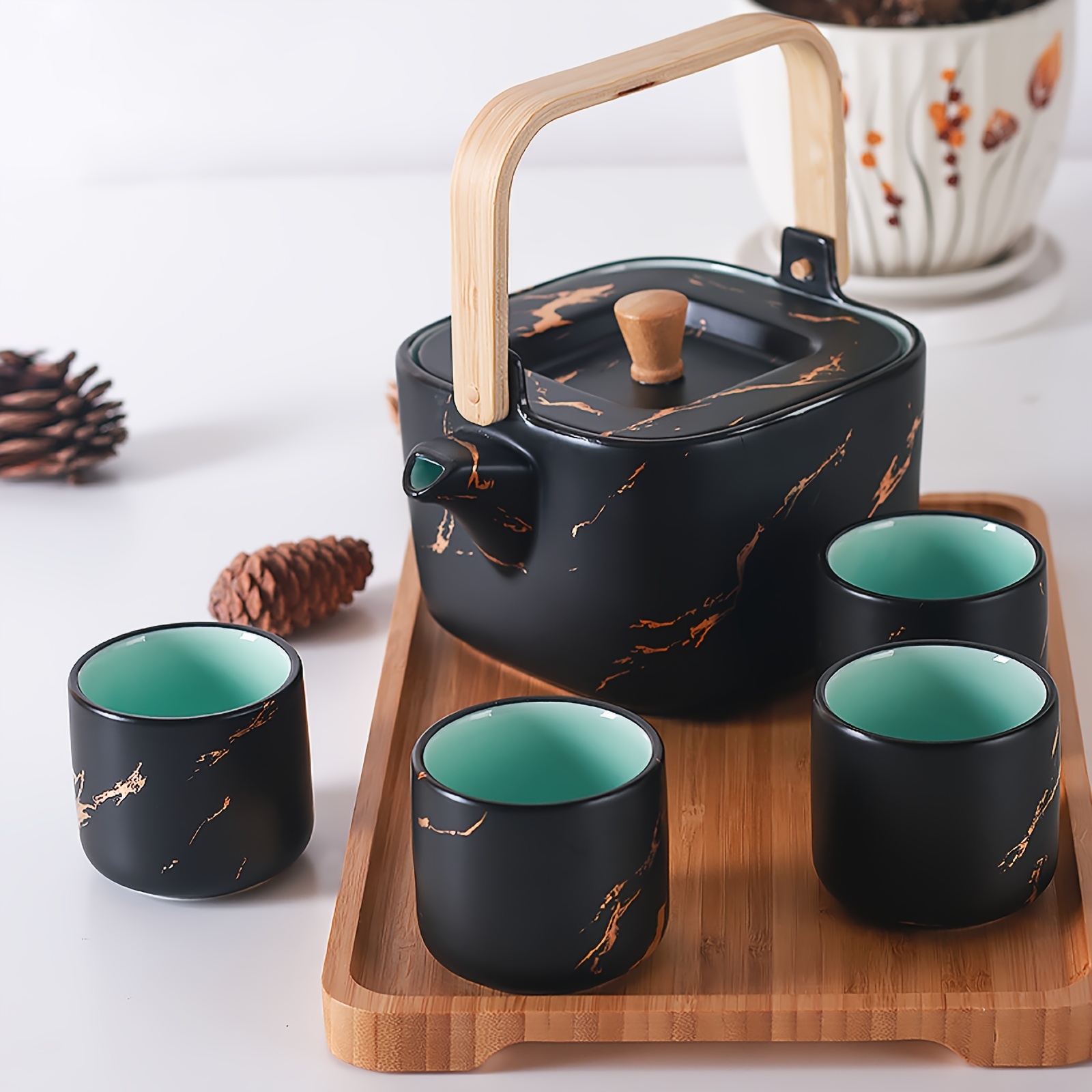 Hot Sale Luxury Modern Teapot 4-piece Tea Cups Ceramic Large Tea Pot Marble  Tea Service Set With Wooden Tray - Buy Ceramic Rooster Teapot,Ceramic