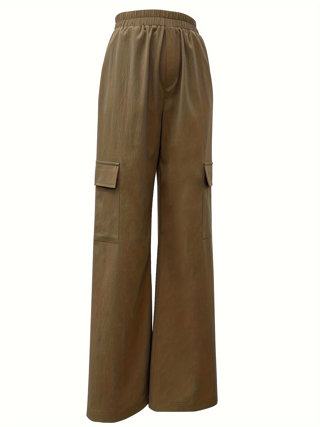 Solid High Waist Pantolon, Rahat Düz Bacaklı Eğimli Cep Pantolonu, Kadın Giyim